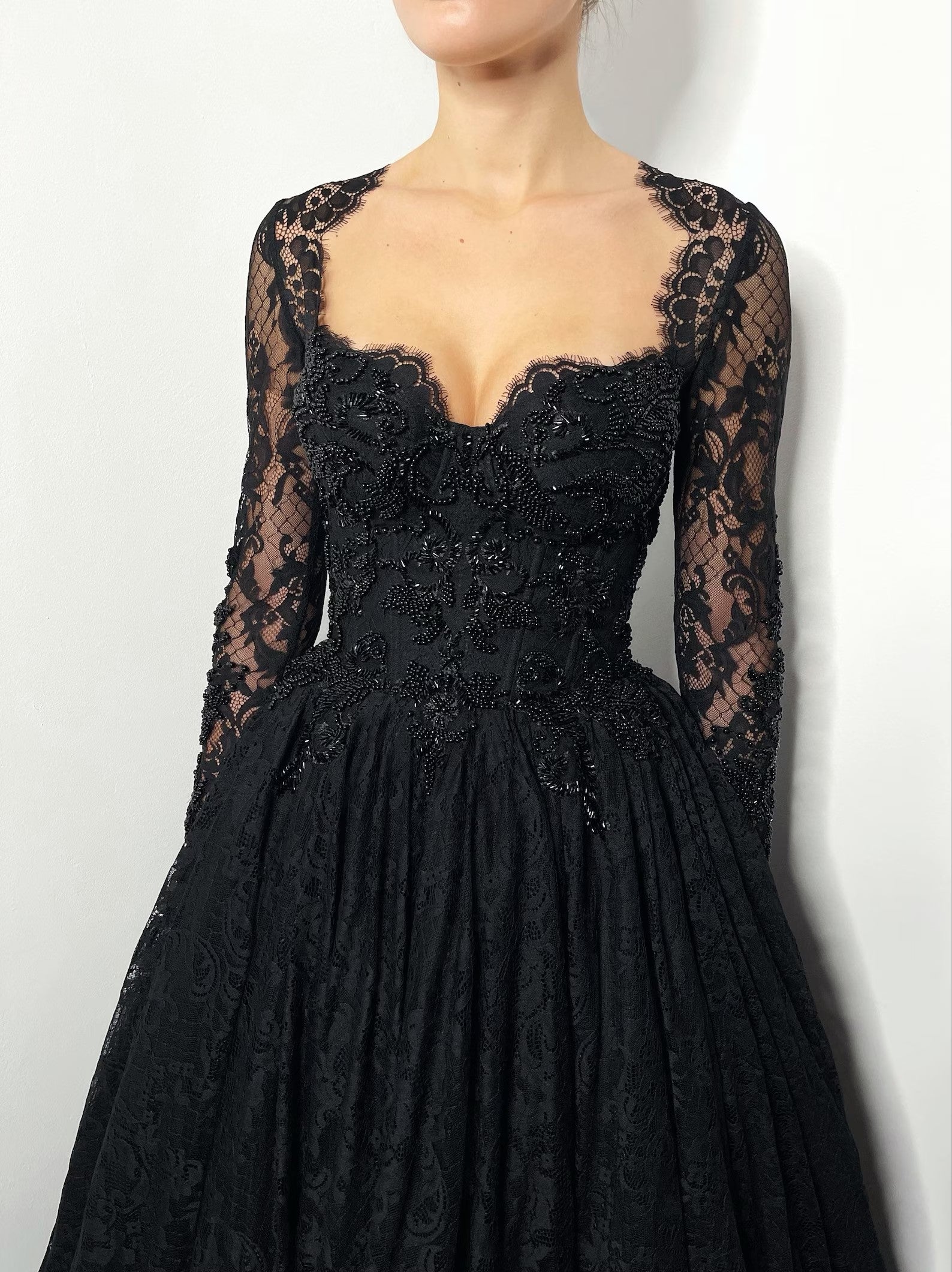 Black Gothic Off-Shoulder Lace Long Sleeves Wedding Dress SW557