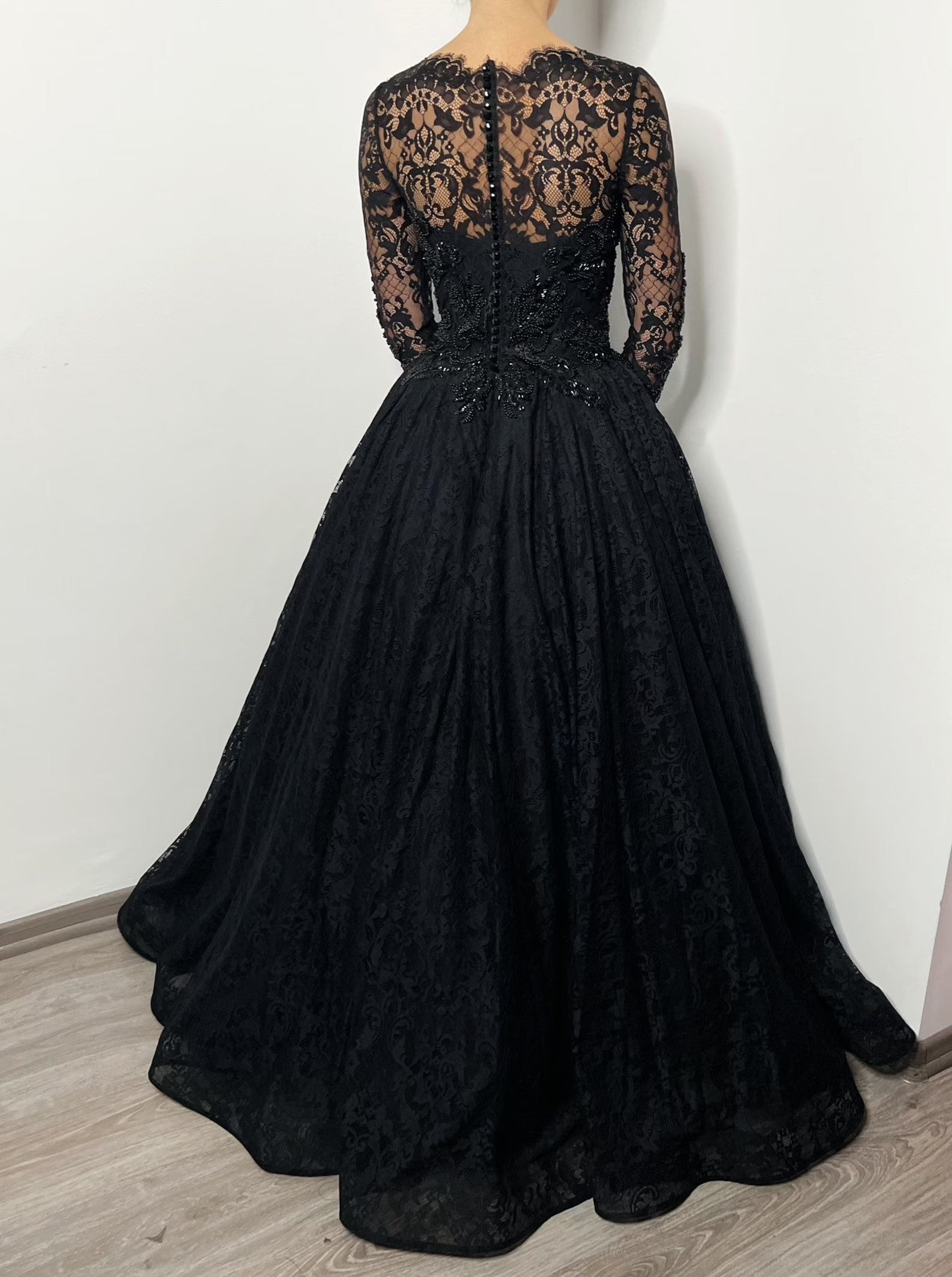 Black Gothic Off-Shoulder Lace Long Sleeves Wedding Dress SW557