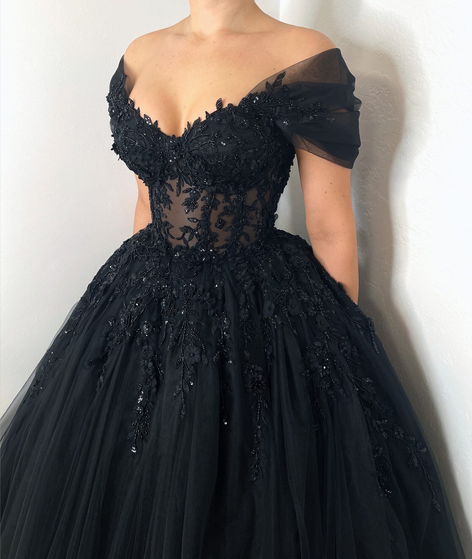 Black Gothic Off-Shoulder Lace Ball Gown Wedding Dress SW556