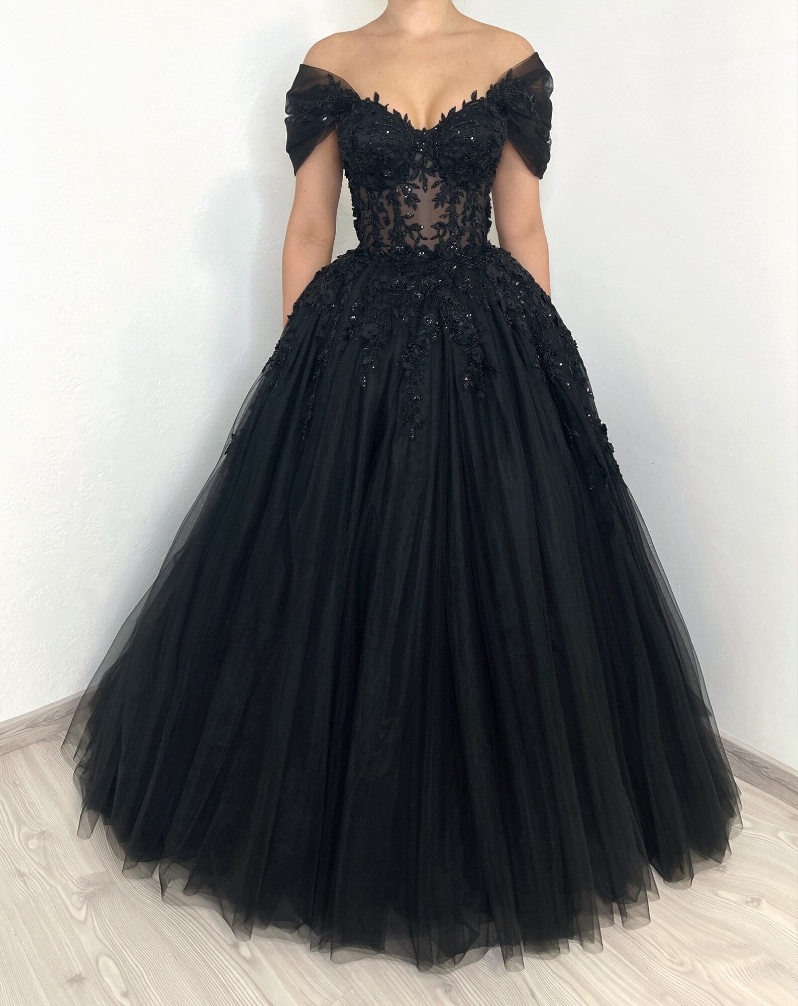 Black Gothic Off-Shoulder Lace Ball Gown Wedding Dress SW556