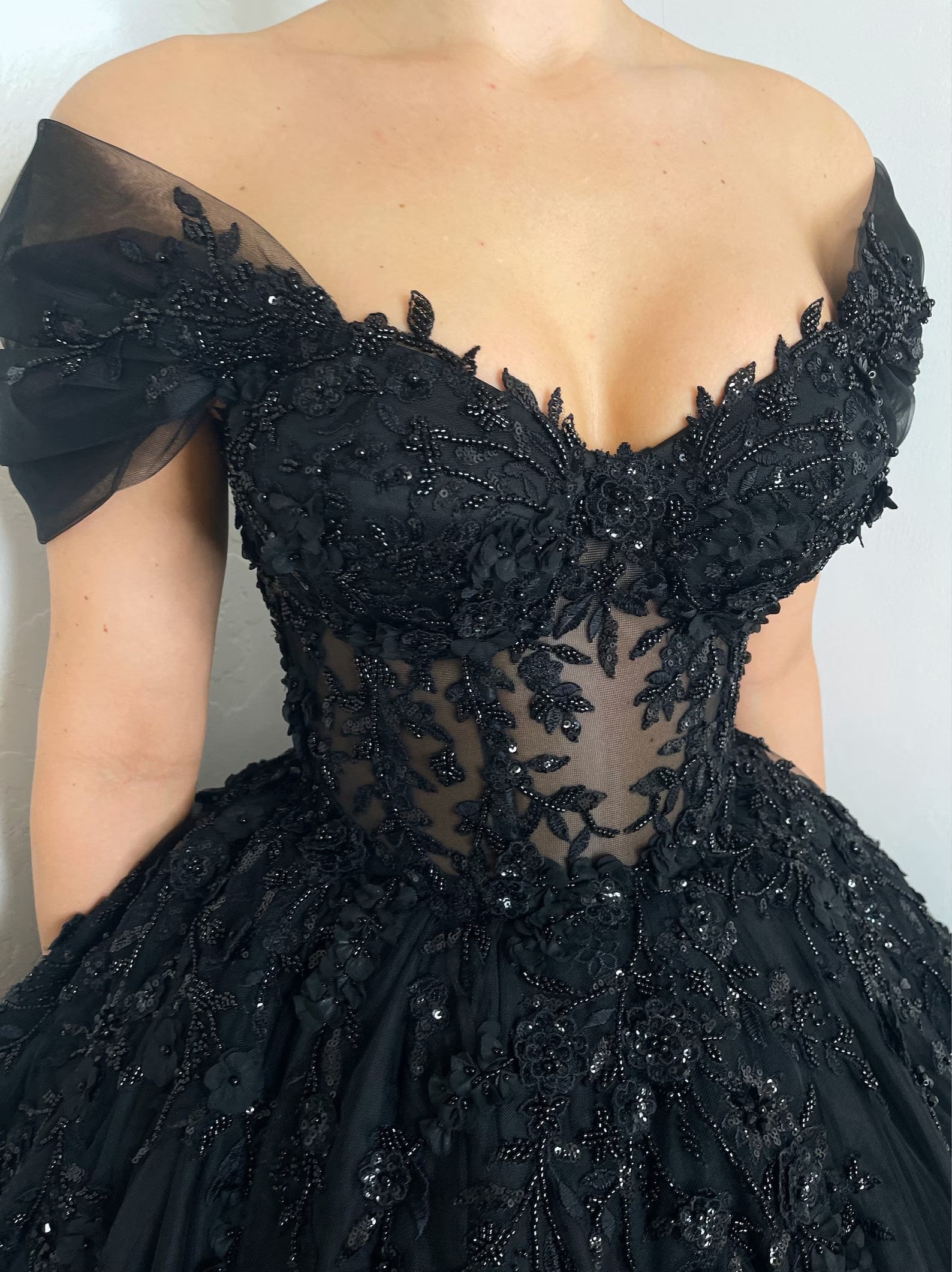 Black Gothic Off-Shoulder Lace Ball Gown Wedding Dress SW556