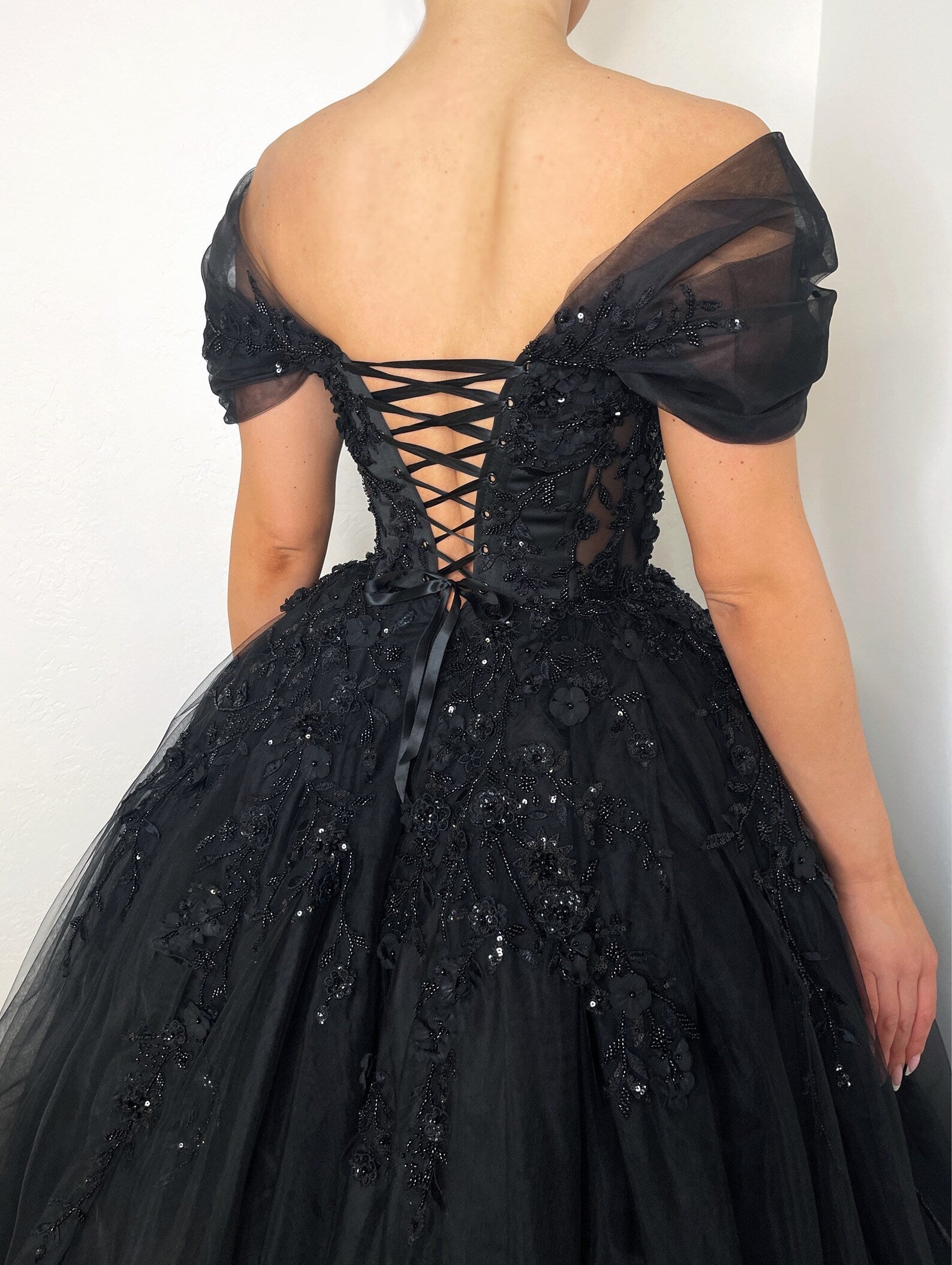 Black Gothic Off-Shoulder Lace Ball Gown Wedding Dress SW556