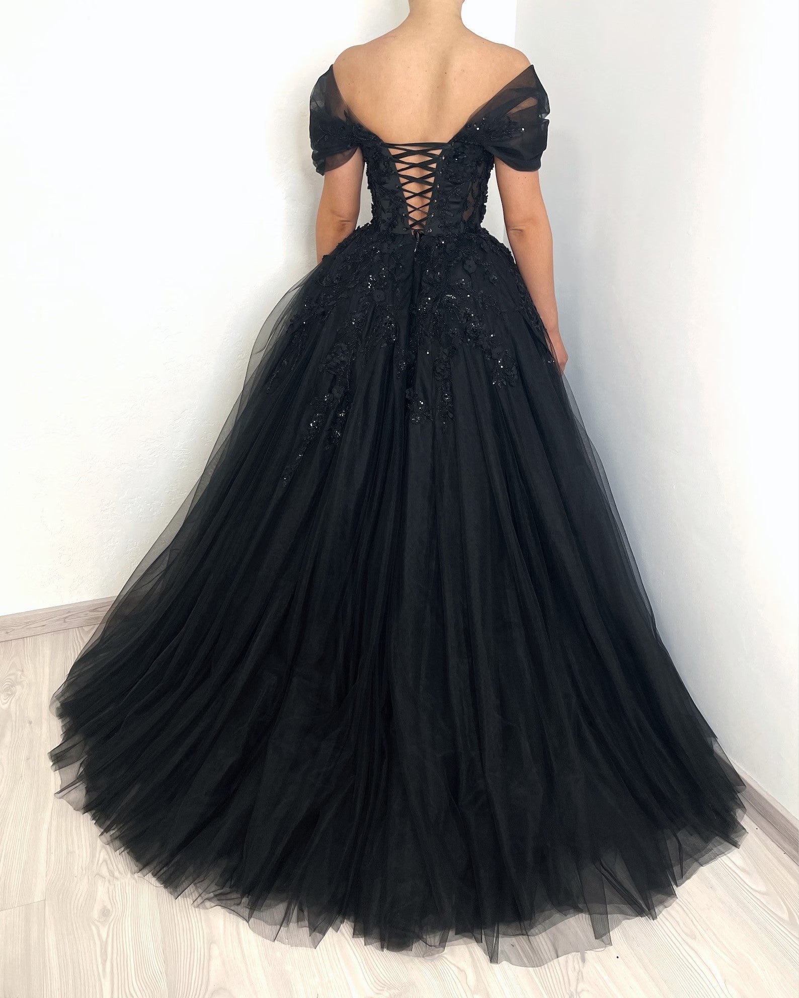Black Gothic Off-Shoulder Lace Ball Gown Wedding Dress SW556