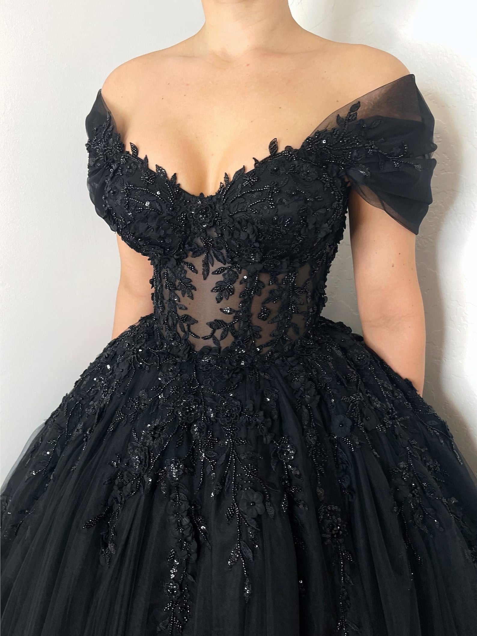 Black Gothic Off-Shoulder Lace Ball Gown Wedding Dress SW556