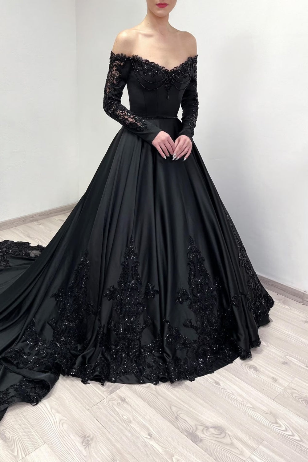 Black Satin Off-Shoulder Beaded Ballgown Wedding Dress SW558 Sheer Fairy