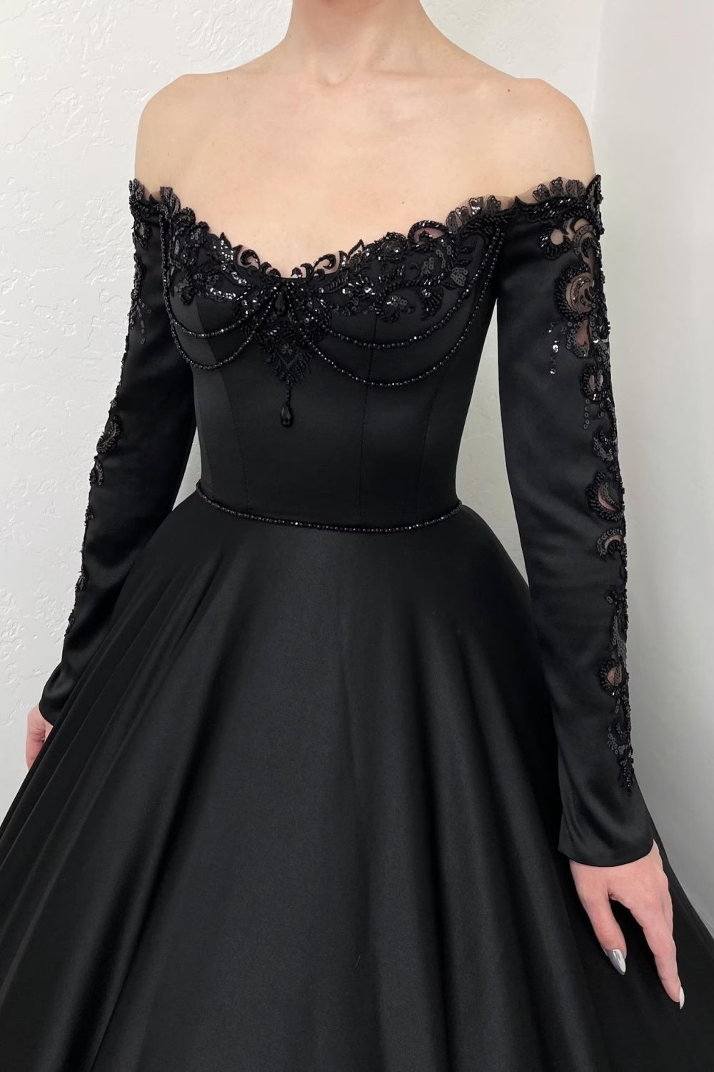 Black Satin Off-Shoulder Beaded Ballgown Wedding Dress SW558 Sheer Fairy