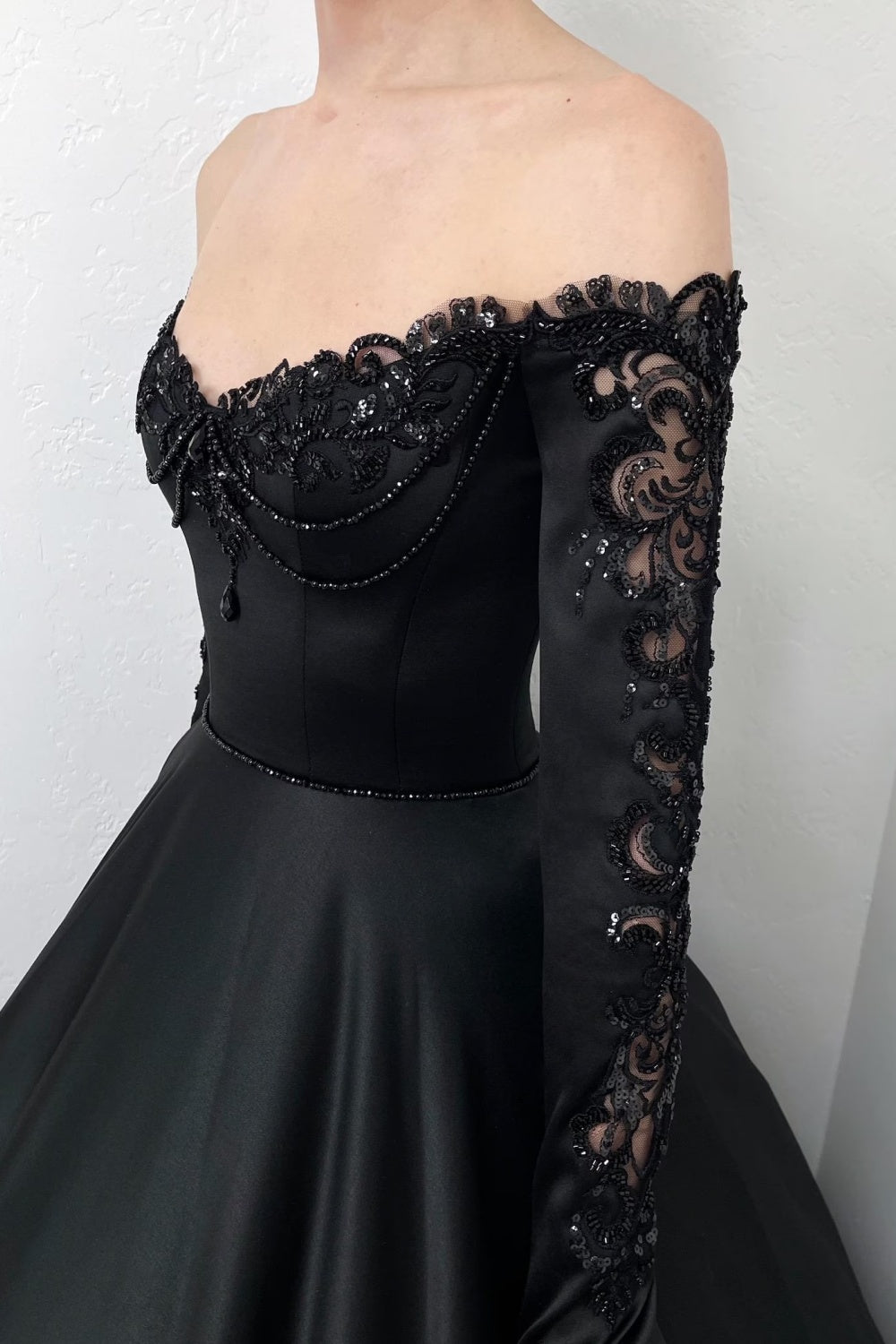 Black Satin Off-Shoulder Beaded Ballgown Wedding Dress SW558 Sheer Fairy