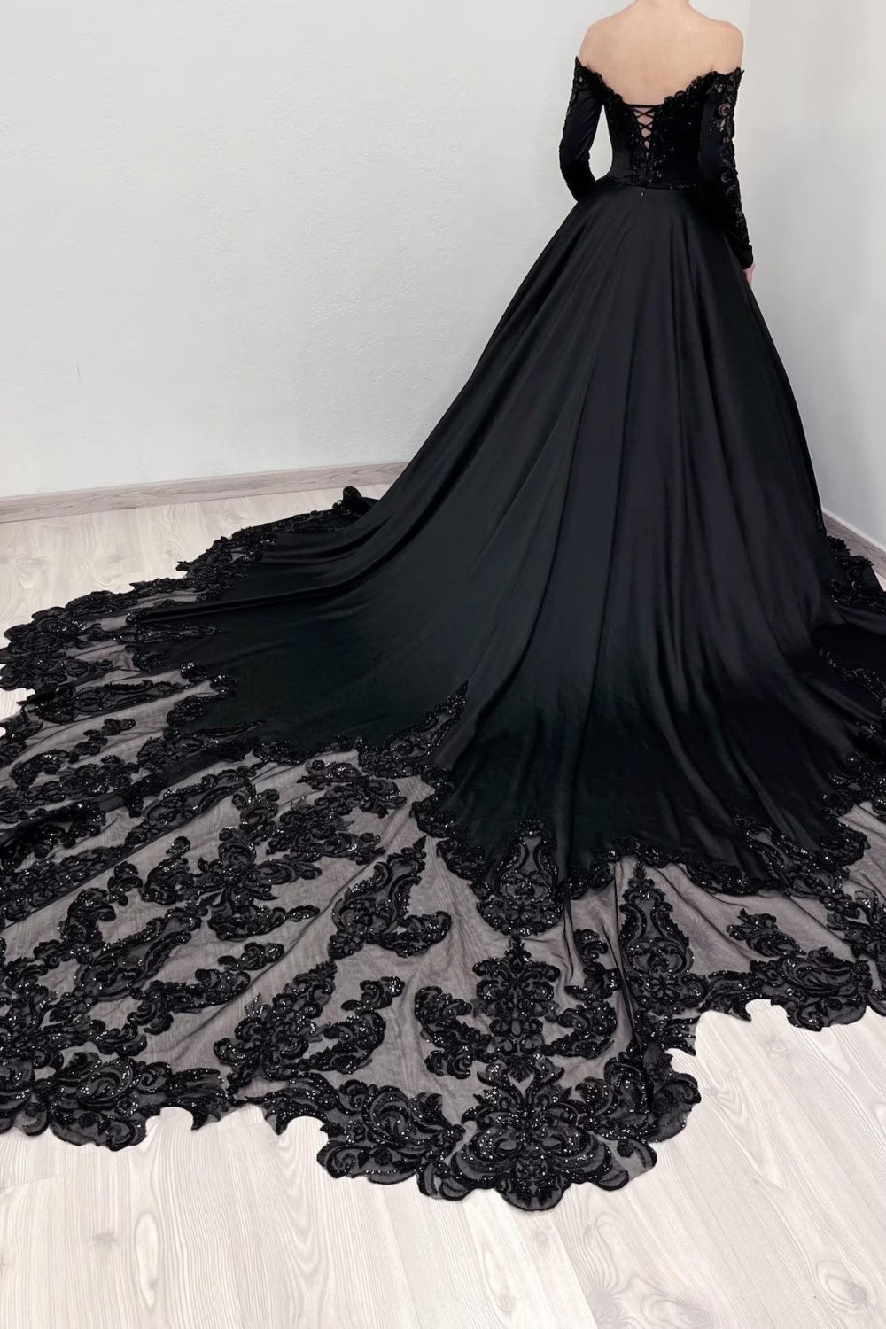 Black Satin Off-Shoulder Beaded Ballgown Wedding Dress SW558 Sheer Fairy