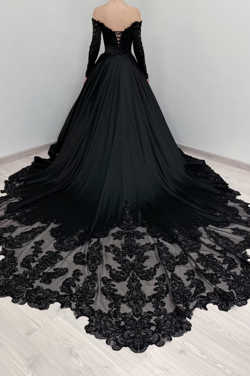 Black Satin Off-Shoulder Beaded Ballgown Wedding Dress SW558 Sheer Fairy