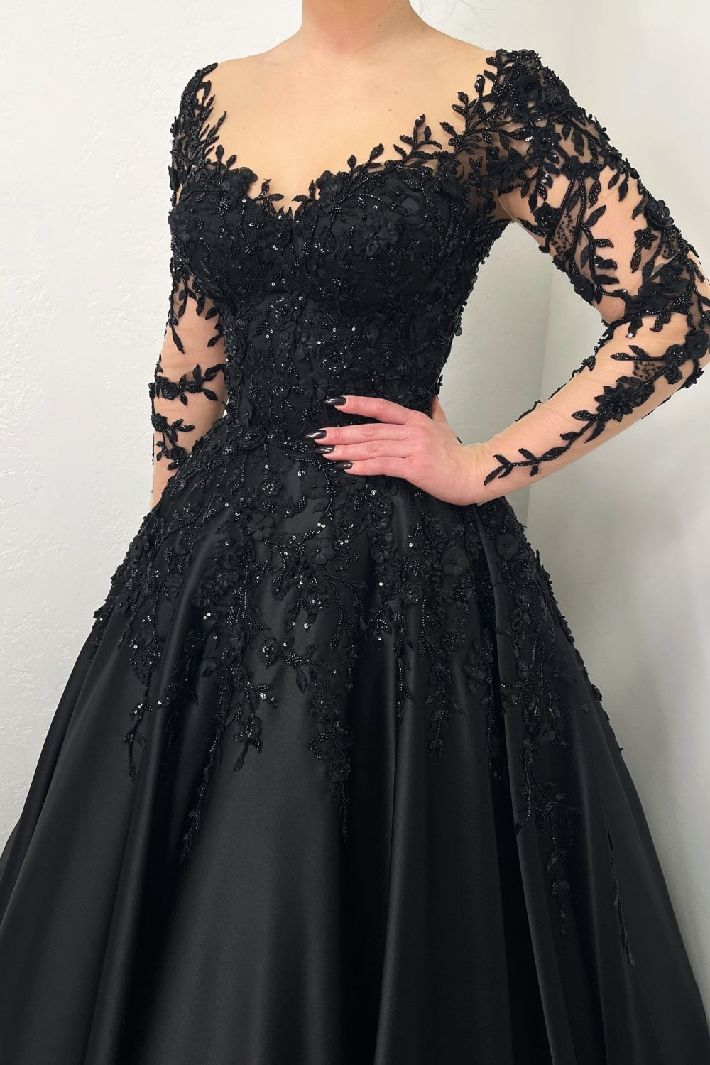 Black Satin Ballgown Wedding Dress with Illusion Lace V-Neck SW559 Sheer Fairy