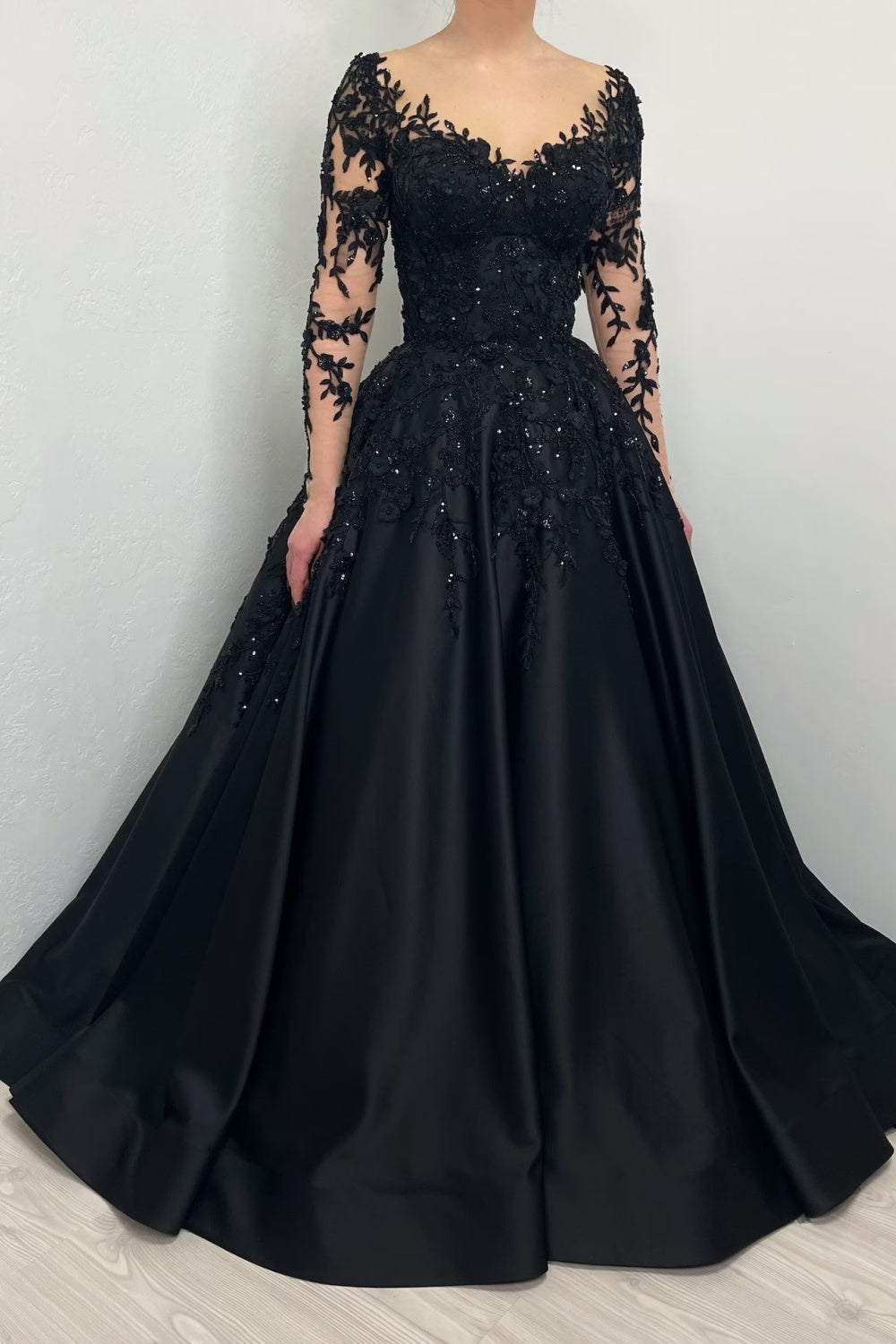 Black Satin Ballgown Wedding Dress with Illusion Lace V-Neck SW559 Sheer Fairy