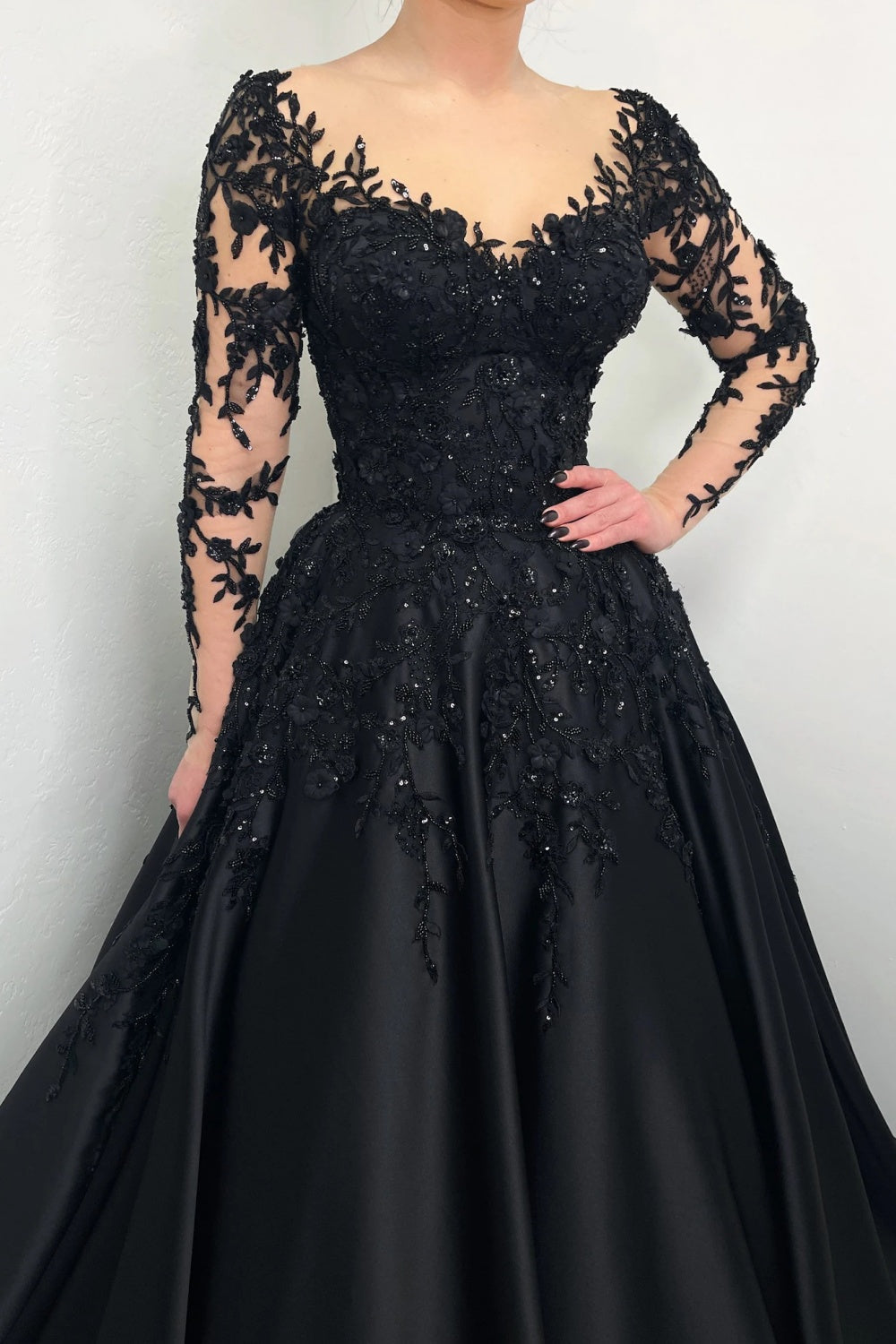 Black Satin Ballgown Wedding Dress with Illusion Lace V-Neck SW559 Sheer Fairy