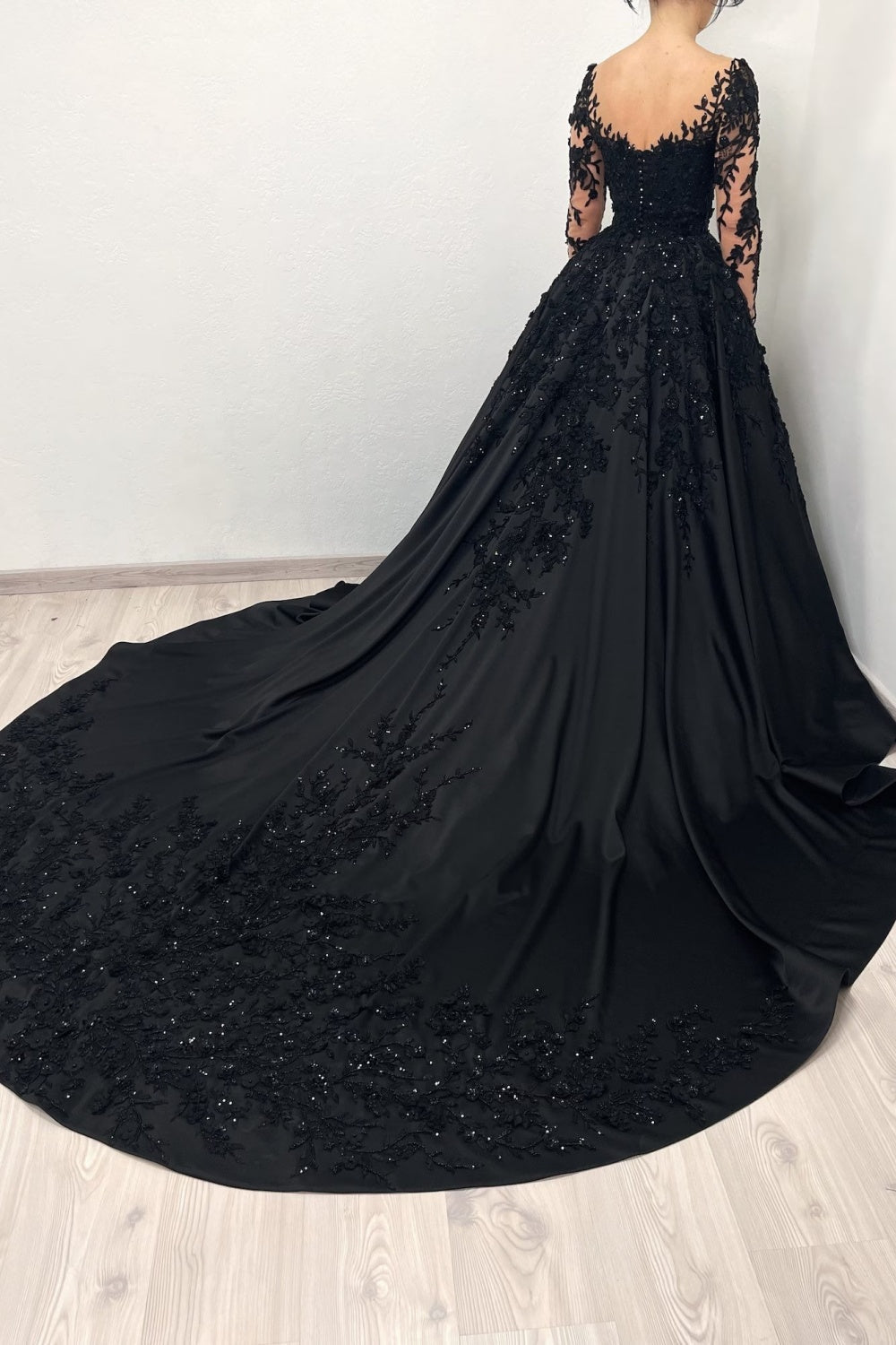 Black Satin Ballgown Wedding Dress with Illusion Lace V-Neck SW559 Sheer Fairy