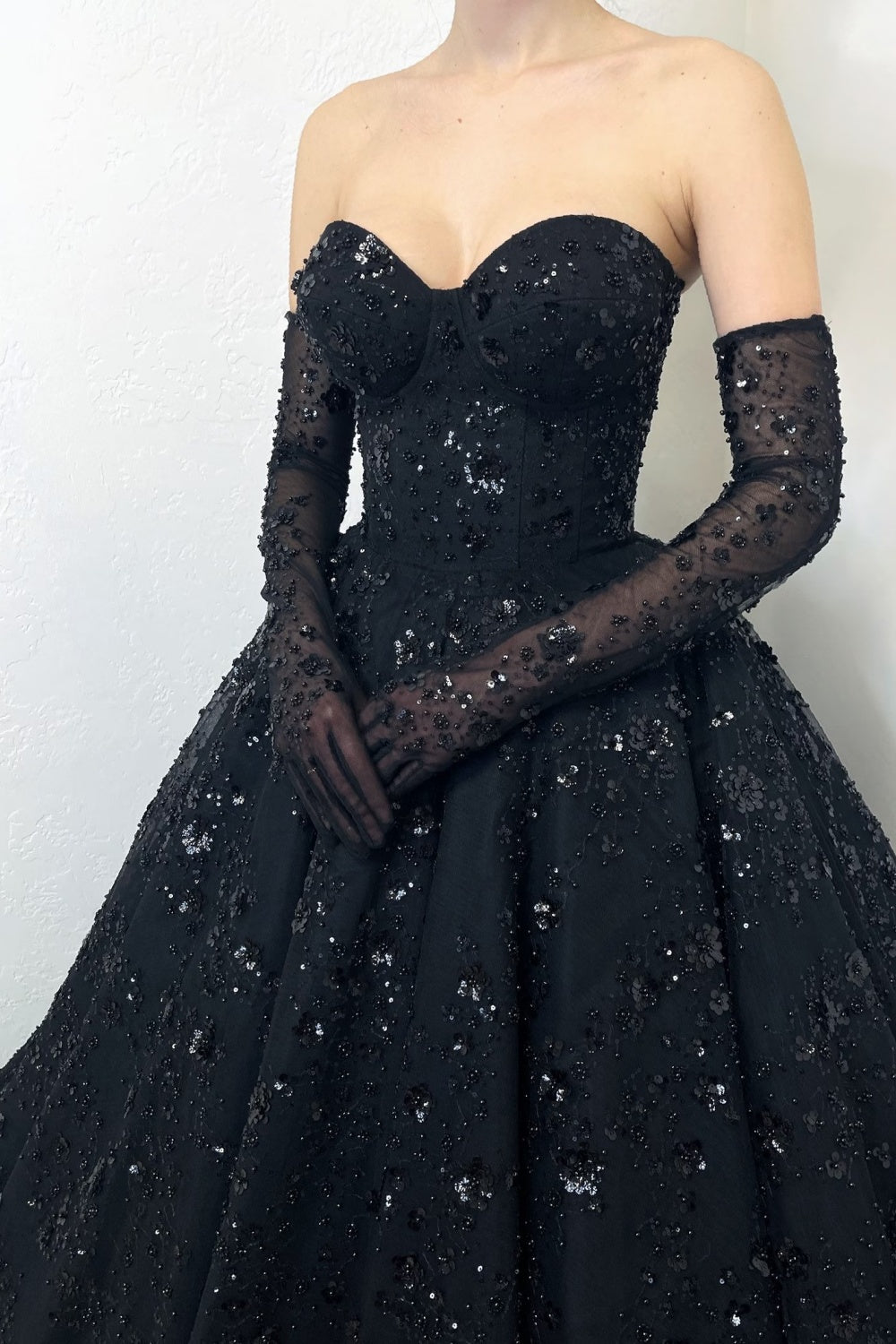 Black Sequin Ballgown Wedding Dress with Long Gloves SW565 Sheer Fairy