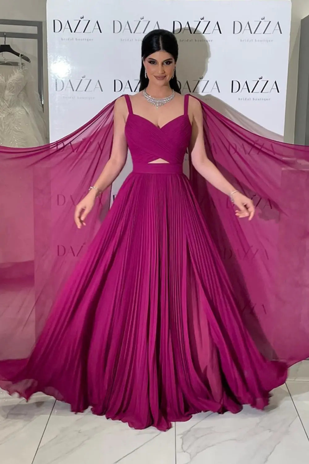 Elegant Fuchsia Chiffon Evening Dress with Cape Sleeves SF090 Sheer Fairy