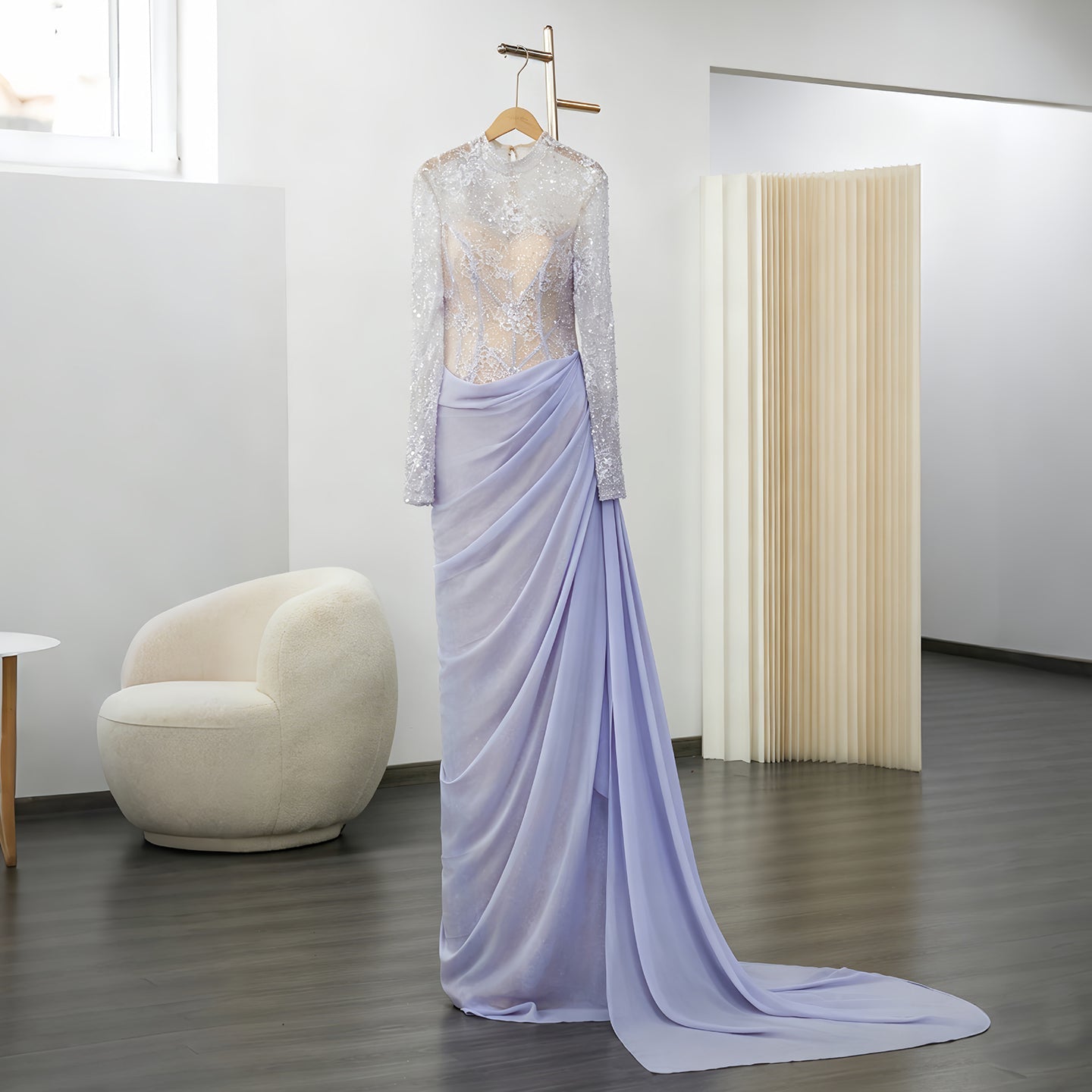Periwinkle Lace High Neck Long Sleeve Mermaid Violet Evening Dress SF429 Sheer Fairy