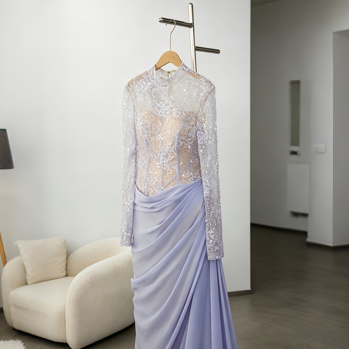 Periwinkle Lace High Neck Long Sleeve Mermaid Violet Evening Dress SF429 Sheer Fairy