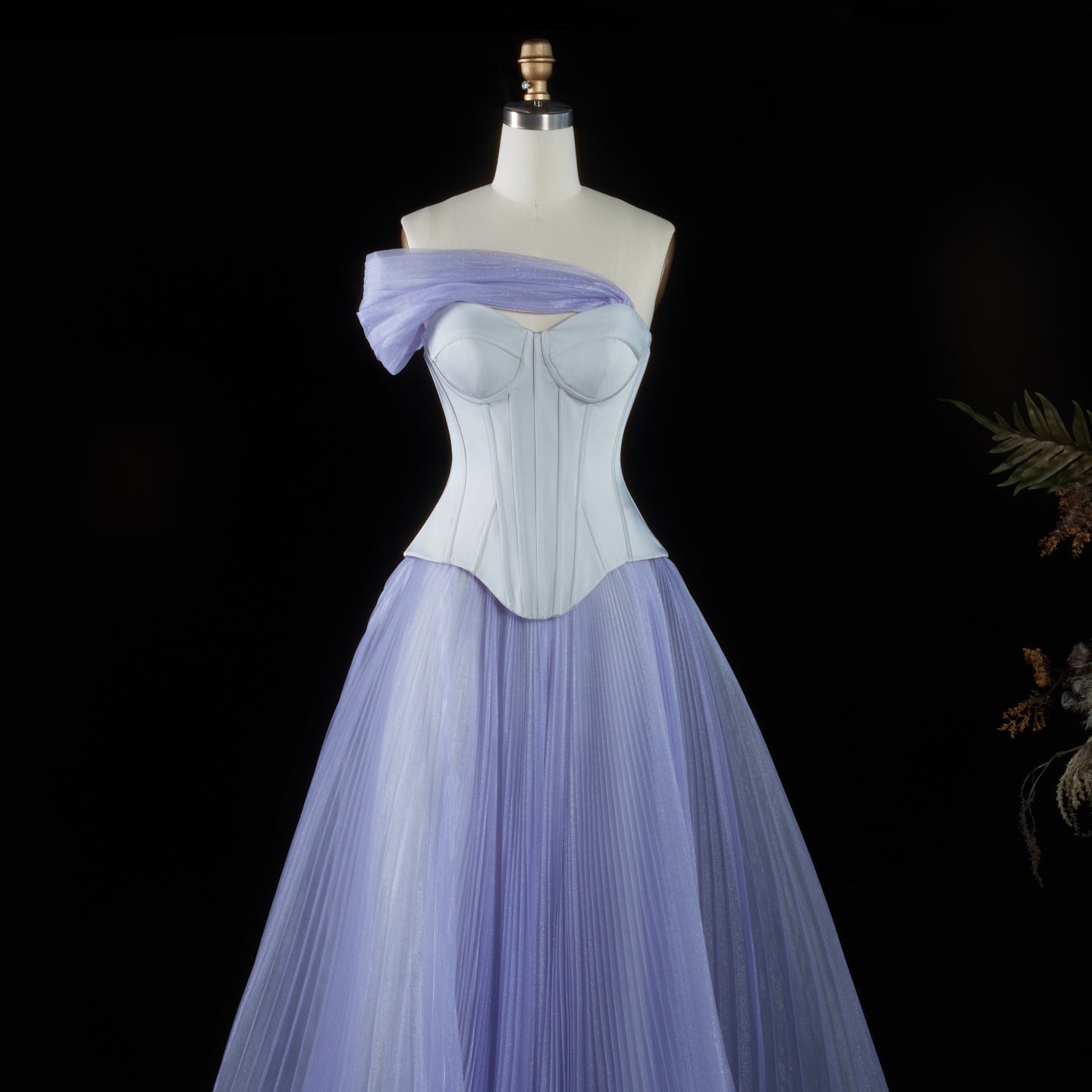 Pleated Tulle Lavender Off-the-Shoulder Corset Evening Dress SF458 Sheer Fairy