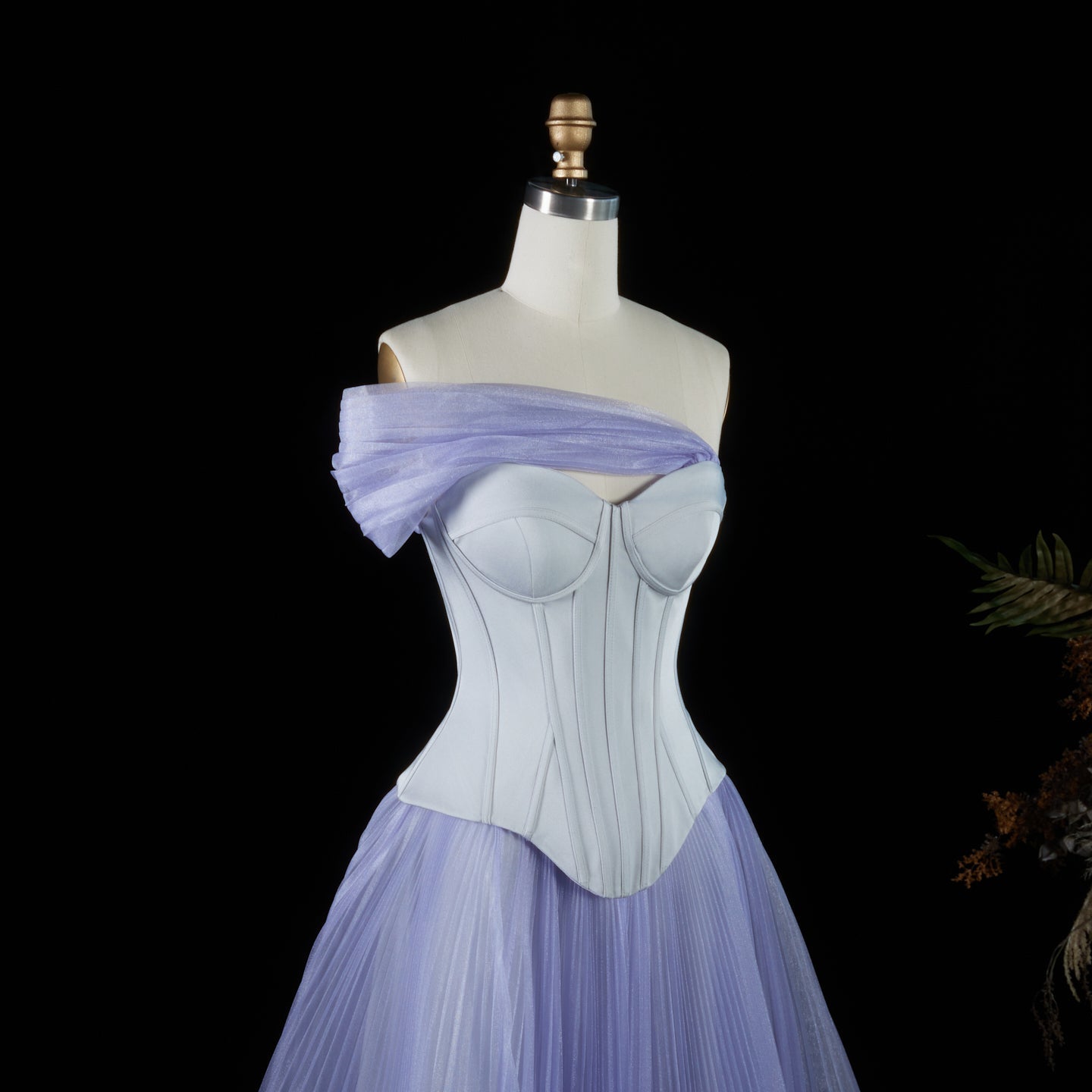 Pleated Tulle Lavender Off-the-Shoulder Corset Evening Dress SF458 Sheer Fairy