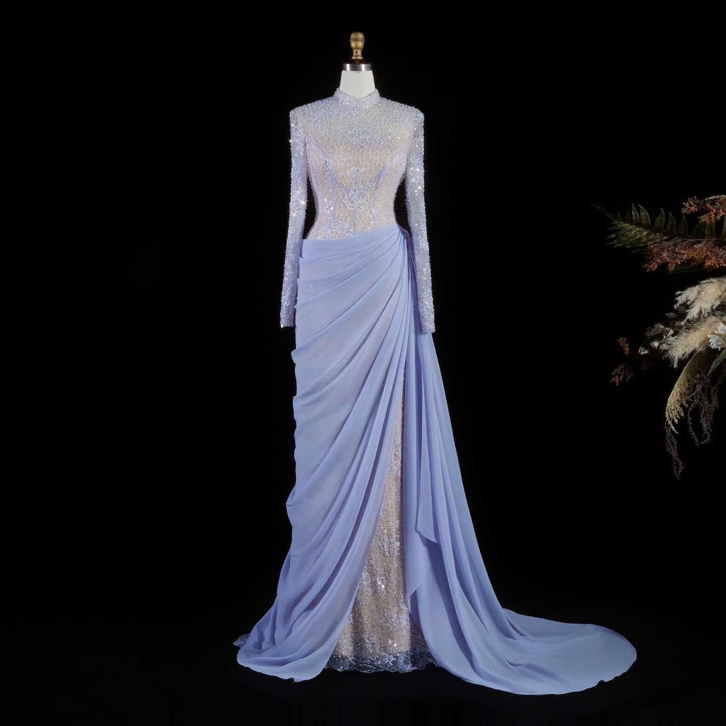 Periwinkle Lace High Neck Long Sleeve Mermaid Violet Evening Dress SF429 Sheer Fairy