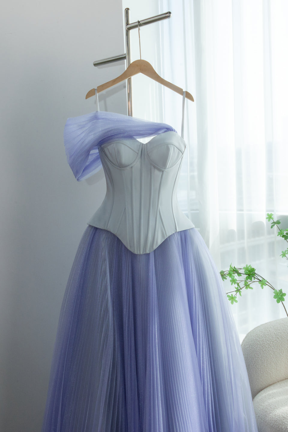 Pleated Tulle Lavender Off-the-Shoulder Corset Evening Dress SF458 Sheer Fairy