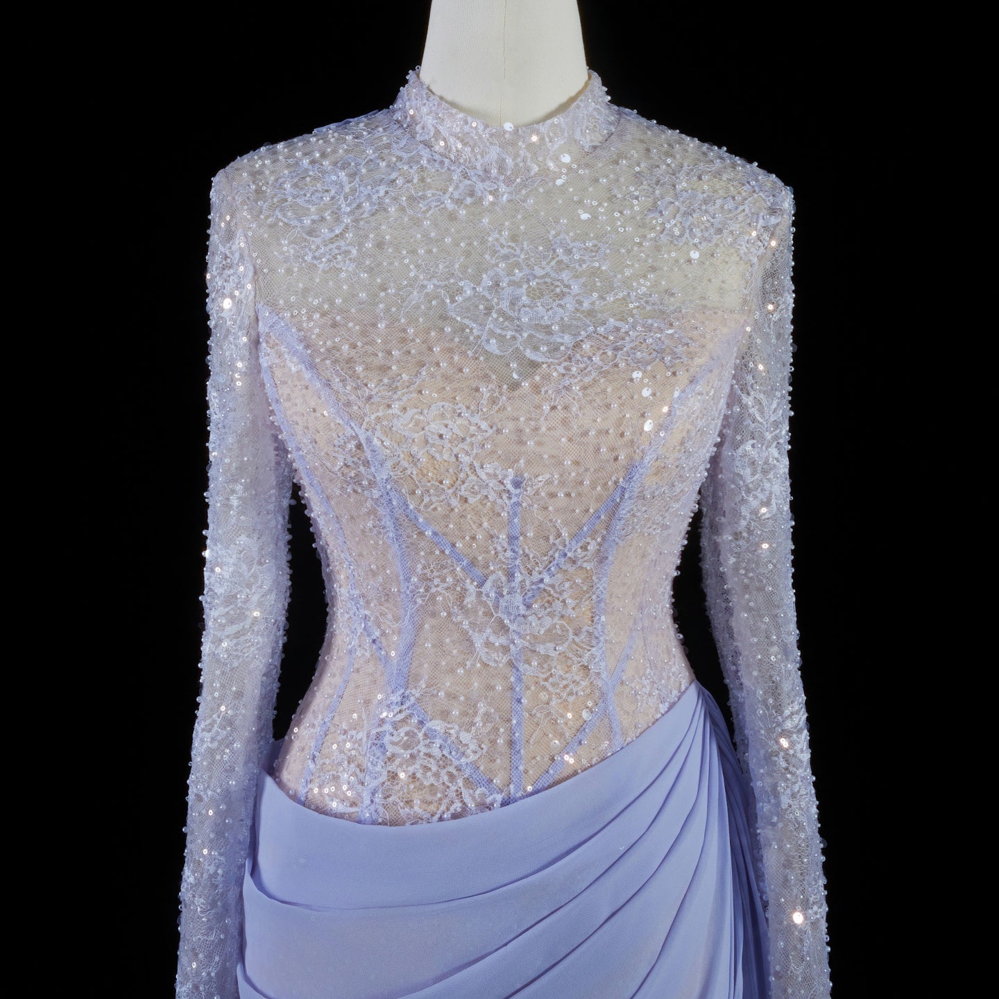 Periwinkle Lace High Neck Long Sleeve Mermaid Violet Evening Dress SF429 Sheer Fairy