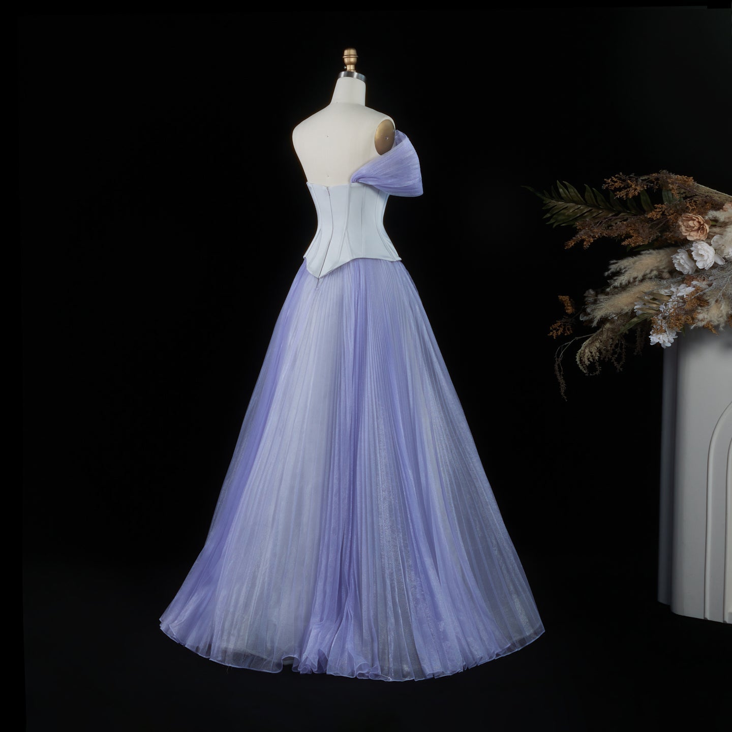 Pleated Tulle Lavender Off-the-Shoulder Corset Evening Dress SF458 Sheer Fairy