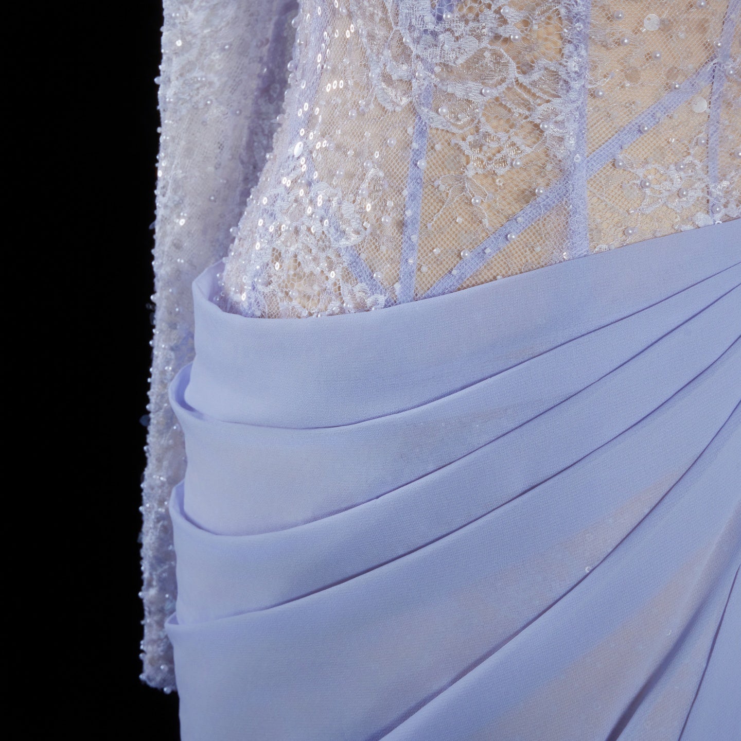 Periwinkle Lace High Neck Long Sleeve Mermaid Violet Evening Dress SF429 Sheer Fairy
