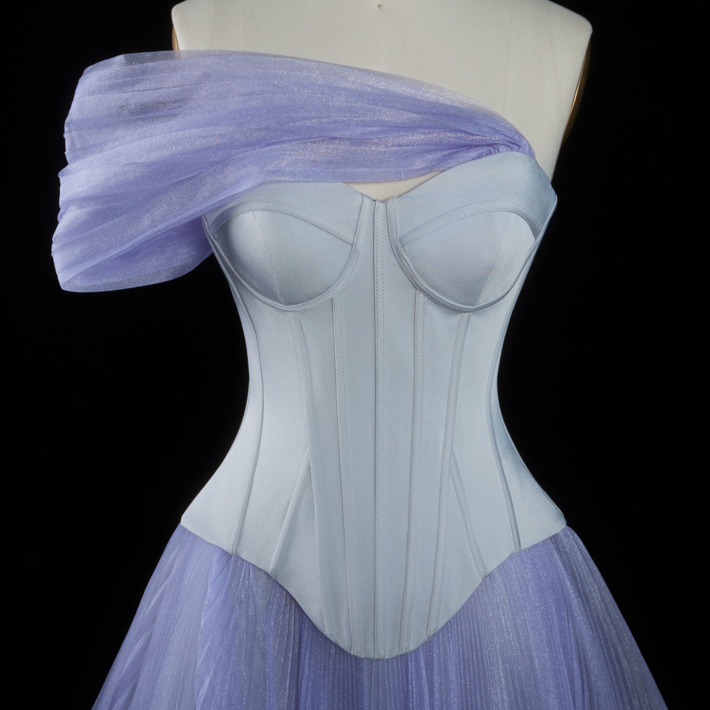 Pleated Tulle Lavender Off-the-Shoulder Corset Evening Dress SF458 Sheer Fairy