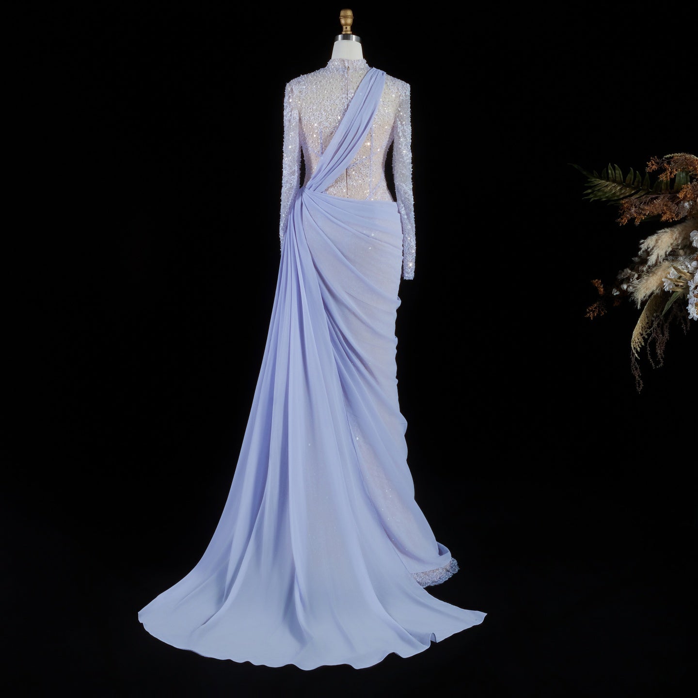 Periwinkle Lace High Neck Long Sleeve Mermaid Violet Evening Dress SF429 Sheer Fairy