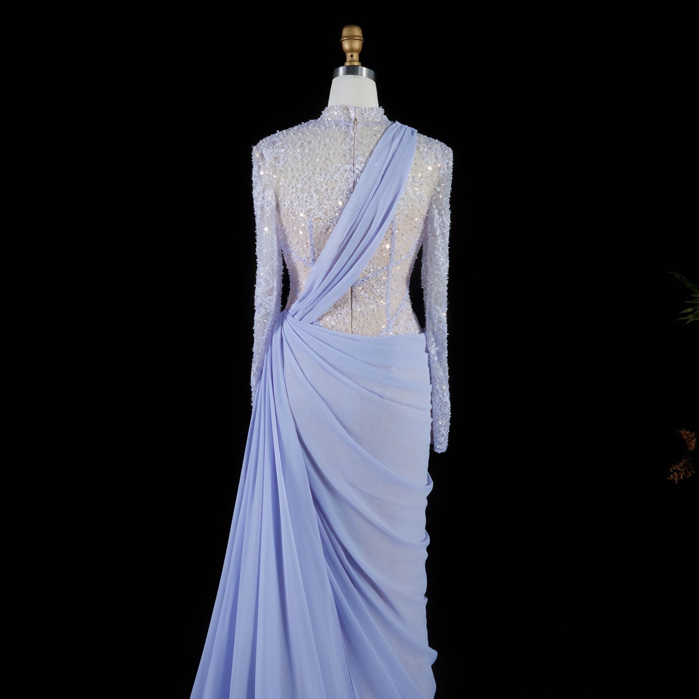 Periwinkle Lace High Neck Long Sleeve Mermaid Violet Evening Dress SF429 Sheer Fairy