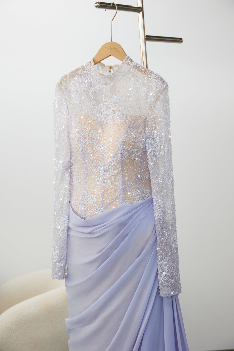 Periwinkle Lace High Neck Long Sleeve Mermaid Violet Evening Dress SF429 Sheer Fairy