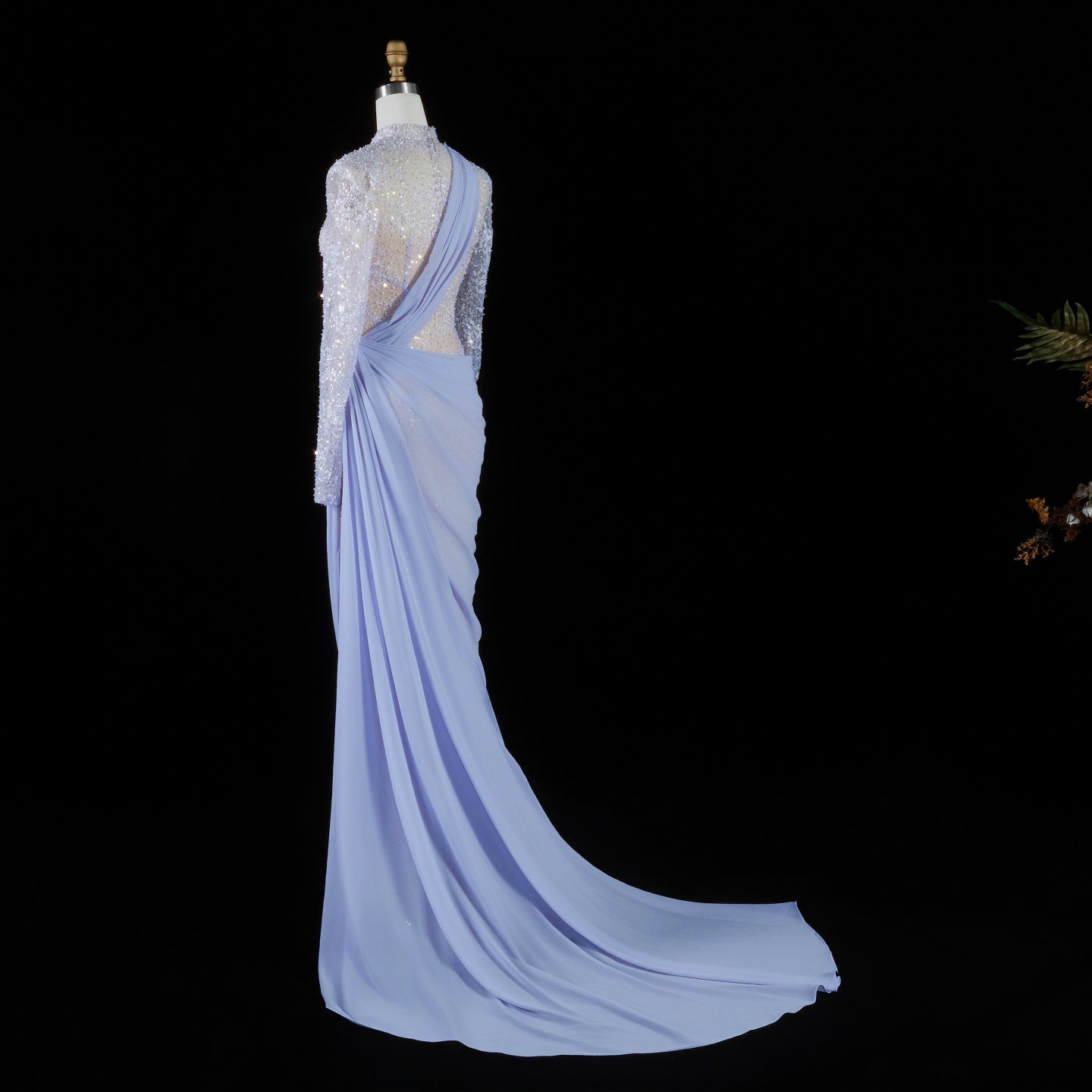 Periwinkle Lace High Neck Long Sleeve Mermaid Violet Evening Dress SF429 Sheer Fairy