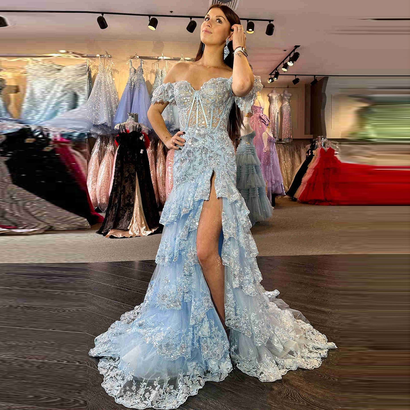 Off-Shoulder Ruffled Lace A-Line Evening Dress with High Slit and Sequins SH151 - SHEER FAIRY