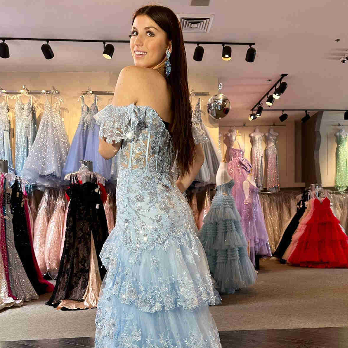 Off-Shoulder Ruffled Lace A-Line Evening Dress with High Slit and Sequins SH151 - SHEER FAIRY