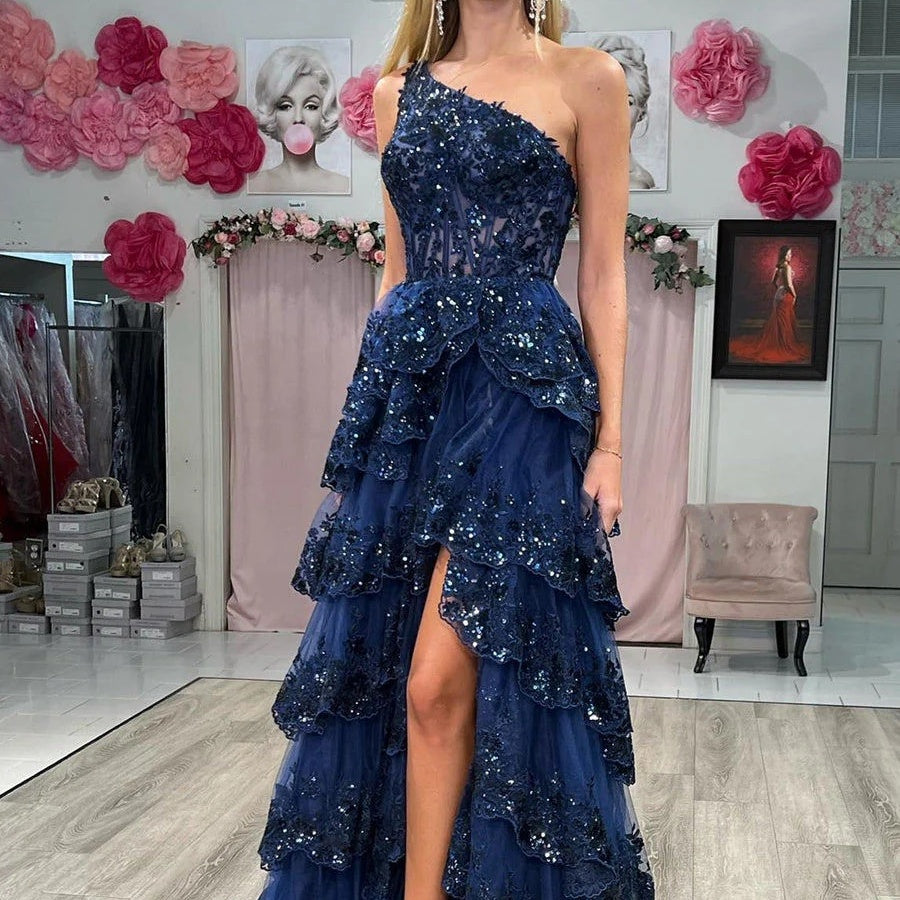 Ruffled Lace Sequin A-Line One-Shoulder Prom Dress SH156 - SHEER FAIRY