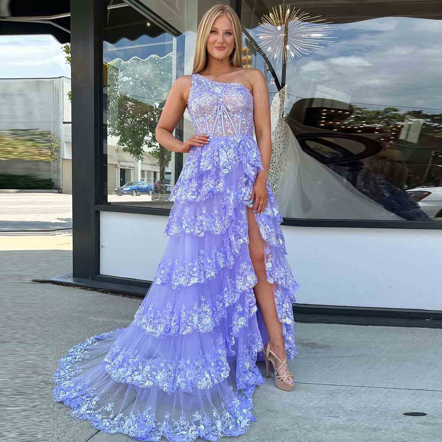 Ruffled Lace Sequin A-Line One-Shoulder Prom Dress SH156 - SHEER FAIRY