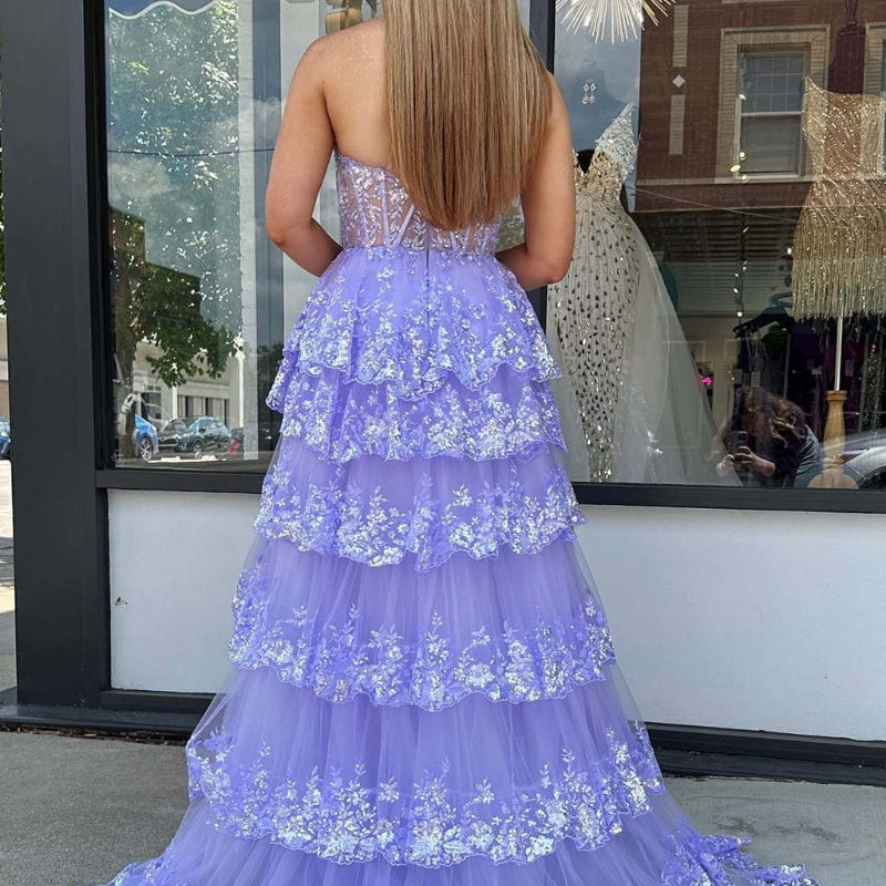 Ruffled Lace Sequin A-Line One-Shoulder Prom Dress SH156 - SHEER FAIRY