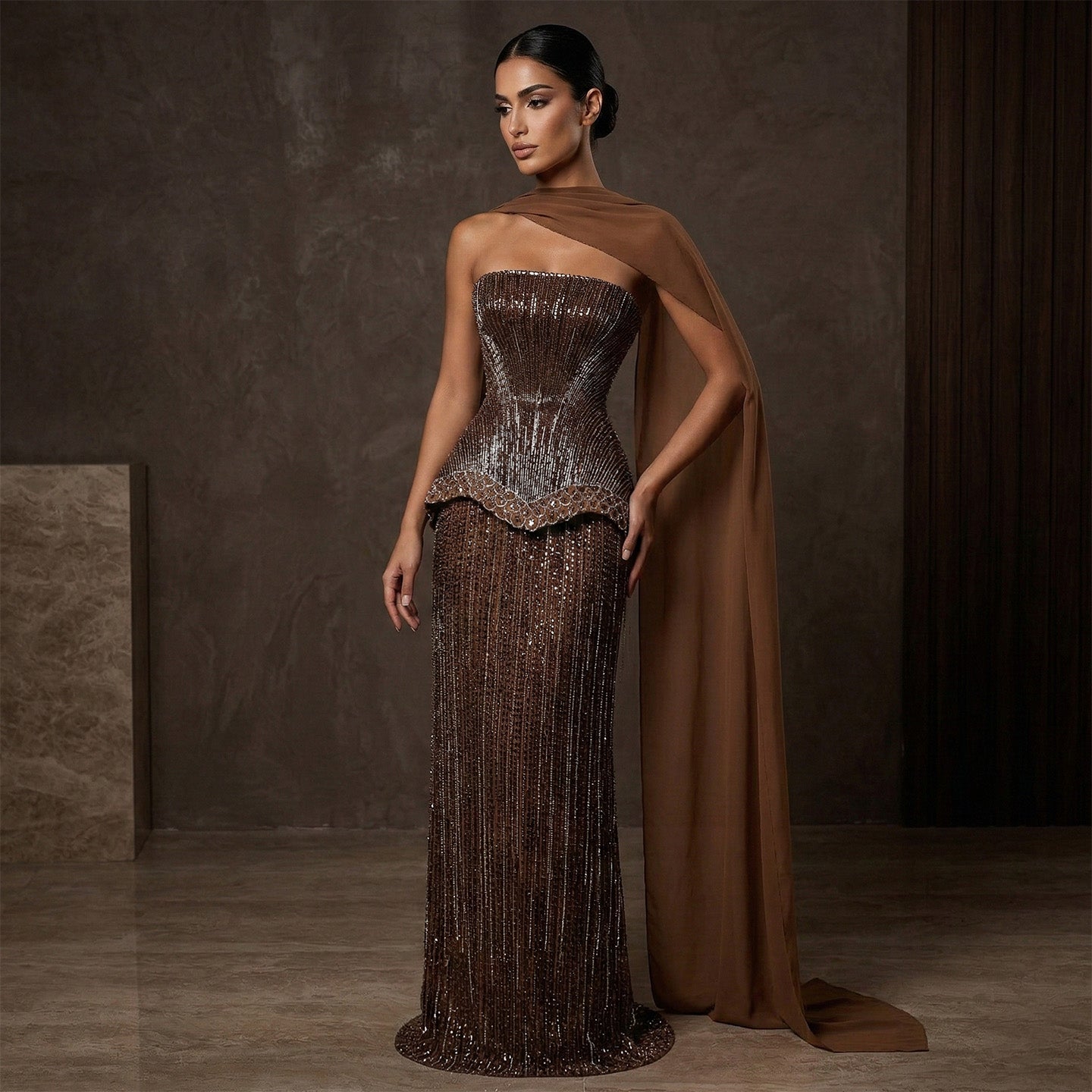 Luxury Purple Strapless Beaded Peplum Mermaid Evening Gown with Draped Scarf SS560 Sheer Fairy