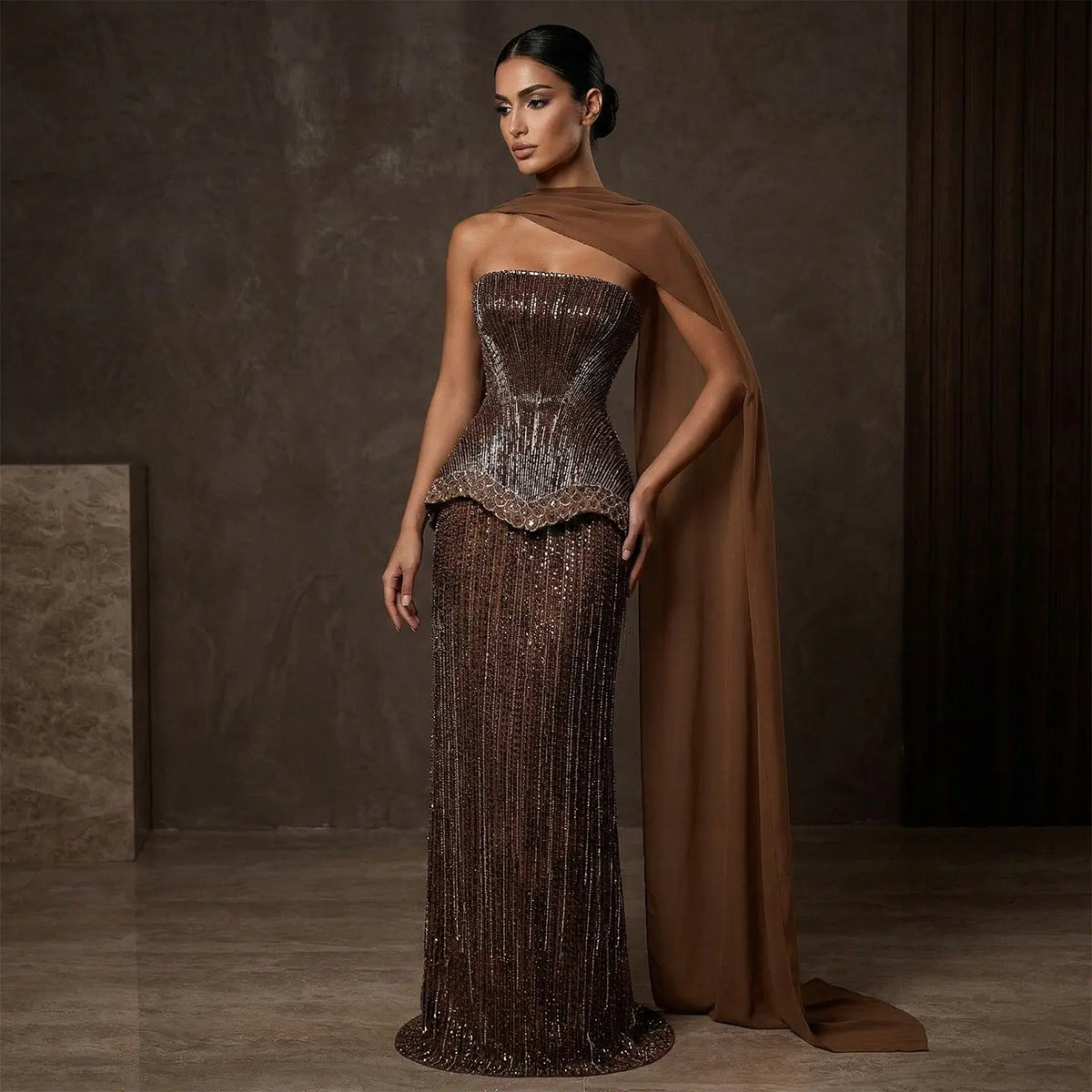 Luxury Orange Strapless Beaded Peplum Mermaid Evening Gown with Draped Scarf SS560 Sheer Fairy