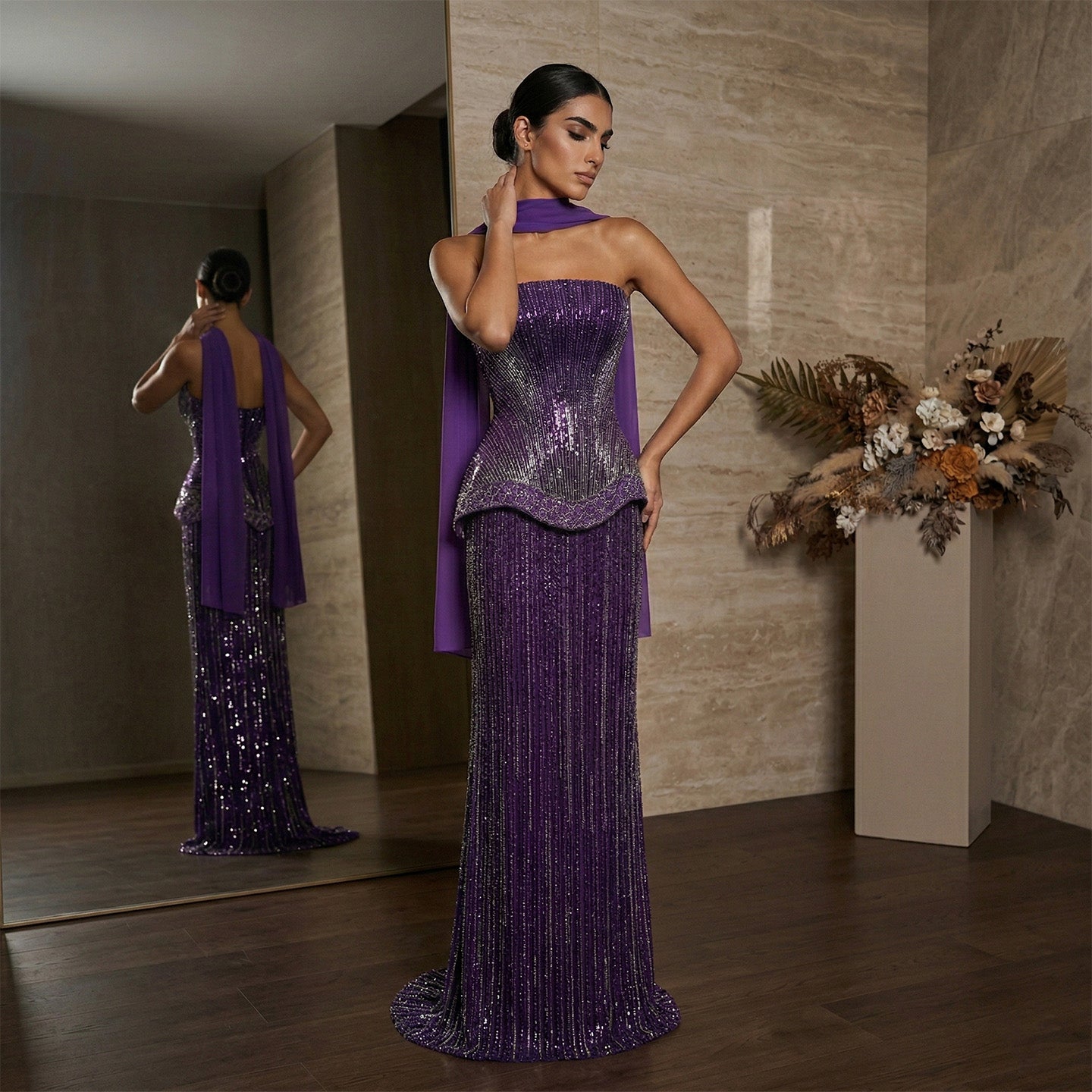 Luxury Purple Strapless Beaded Peplum Mermaid Evening Gown with Draped Scarf SS560 Sheer Fairy