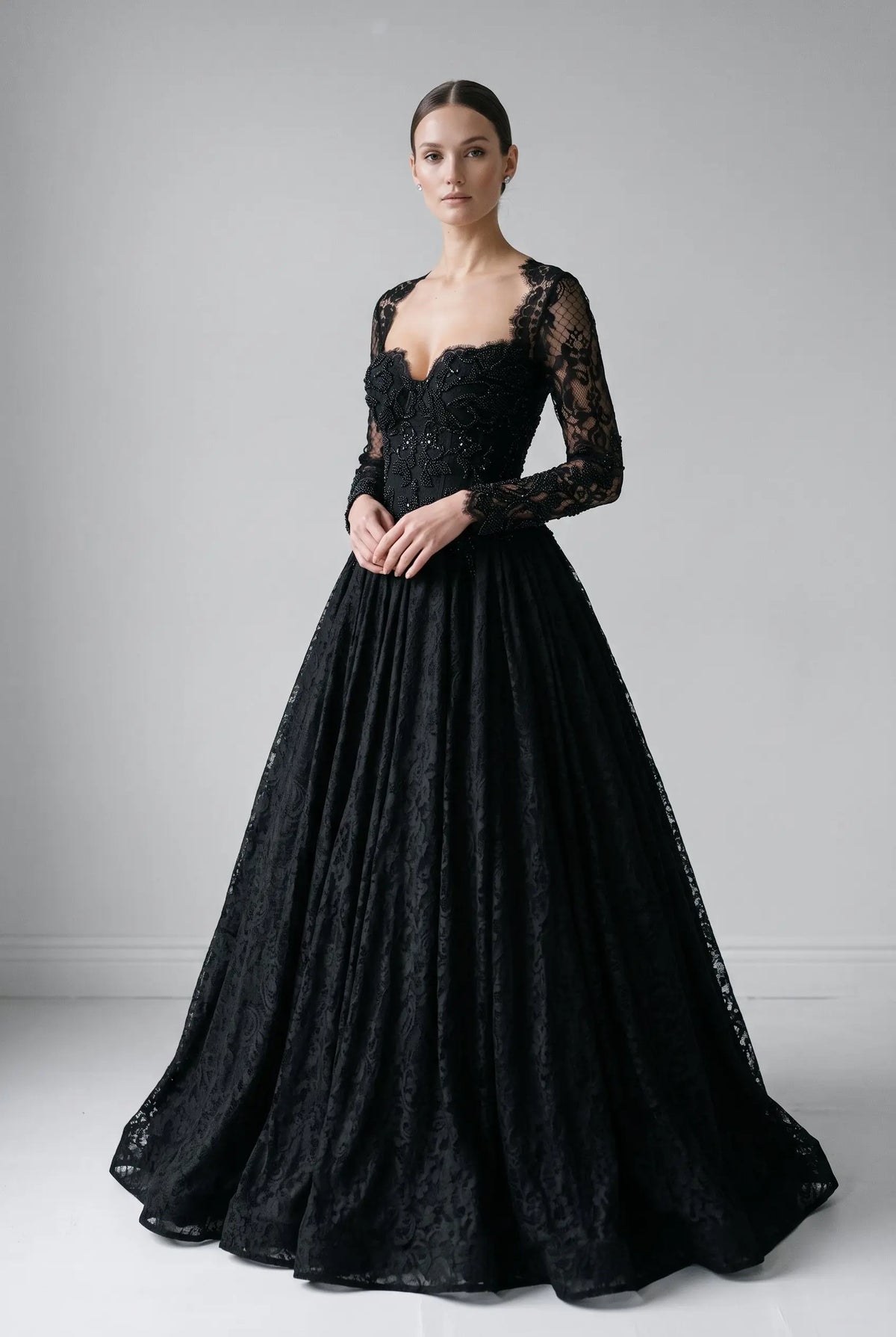 Black Gothic Off-Shoulder Lace Long Sleeves Wedding Dress SW557 Sheer Fairy