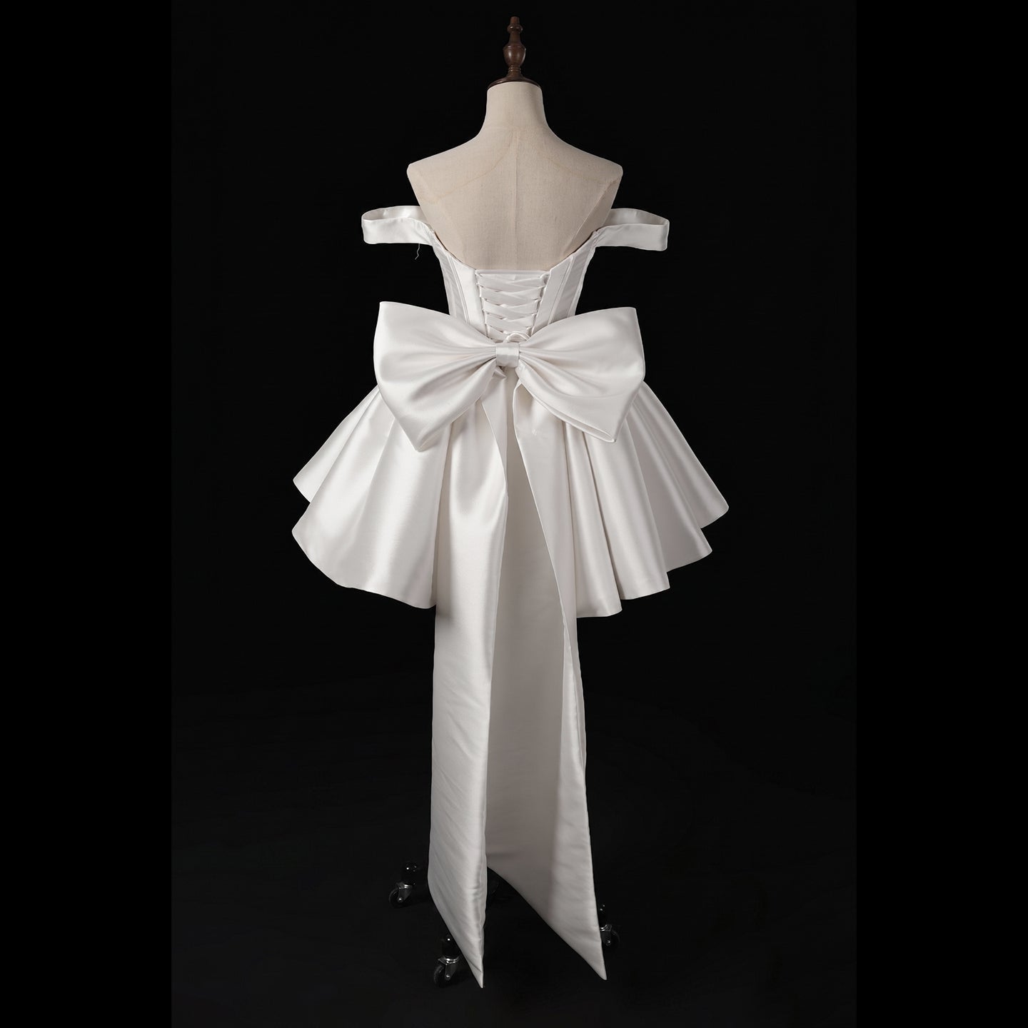 Dreamy White Satin Short Wedding Dress with Statement Bow SW720 Sheer Fairy