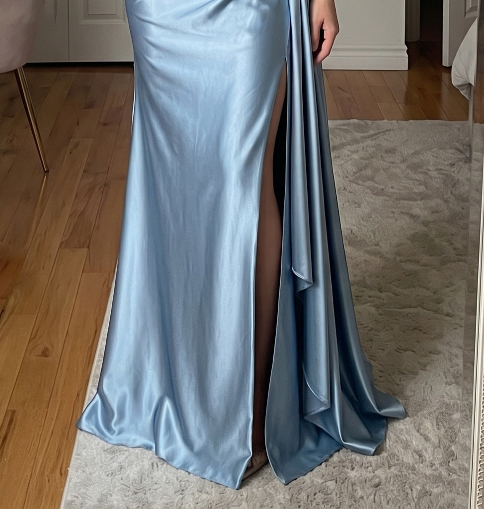 Dreamy Blue Wrap Ruched Side Overlay Strapless Mermaid Prom Dress SH195 Sheer Fairy