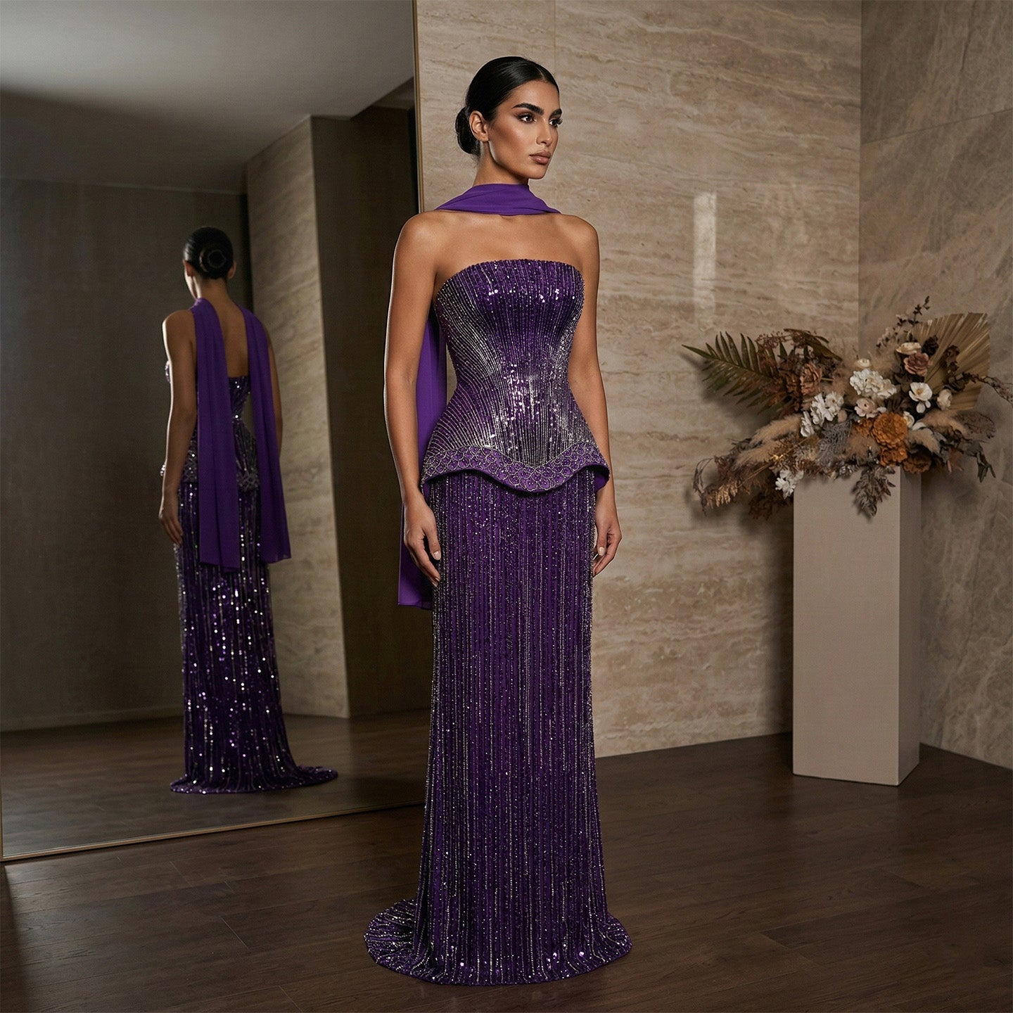 Luxury Purple Strapless Beaded Peplum Mermaid Evening Gown with Draped Scarf SS560 Sheer Fairy