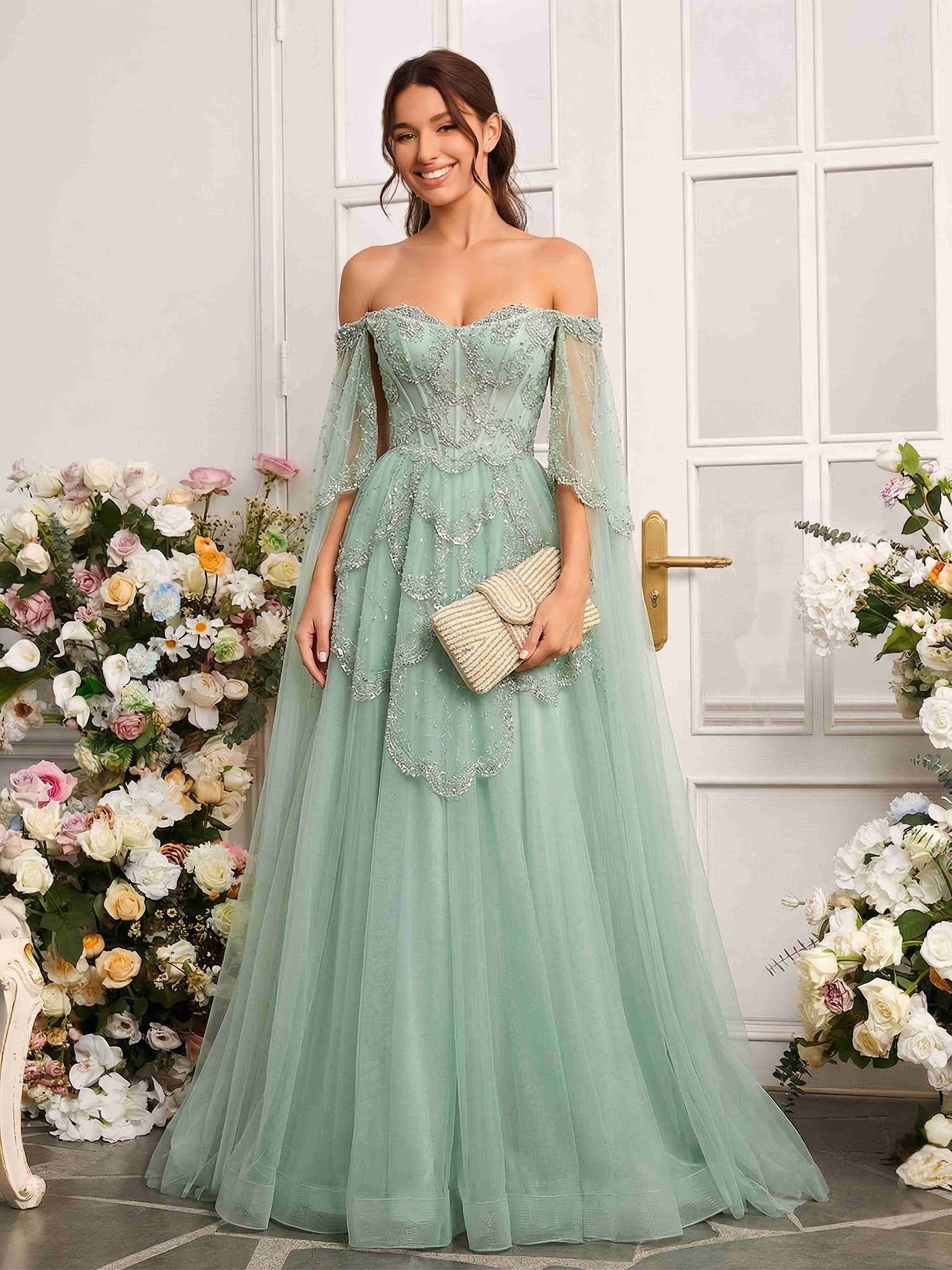 Mint Green Beaded Tulle Sweetheart Ball Gown Prom Dress SS215 Sheer Fairy