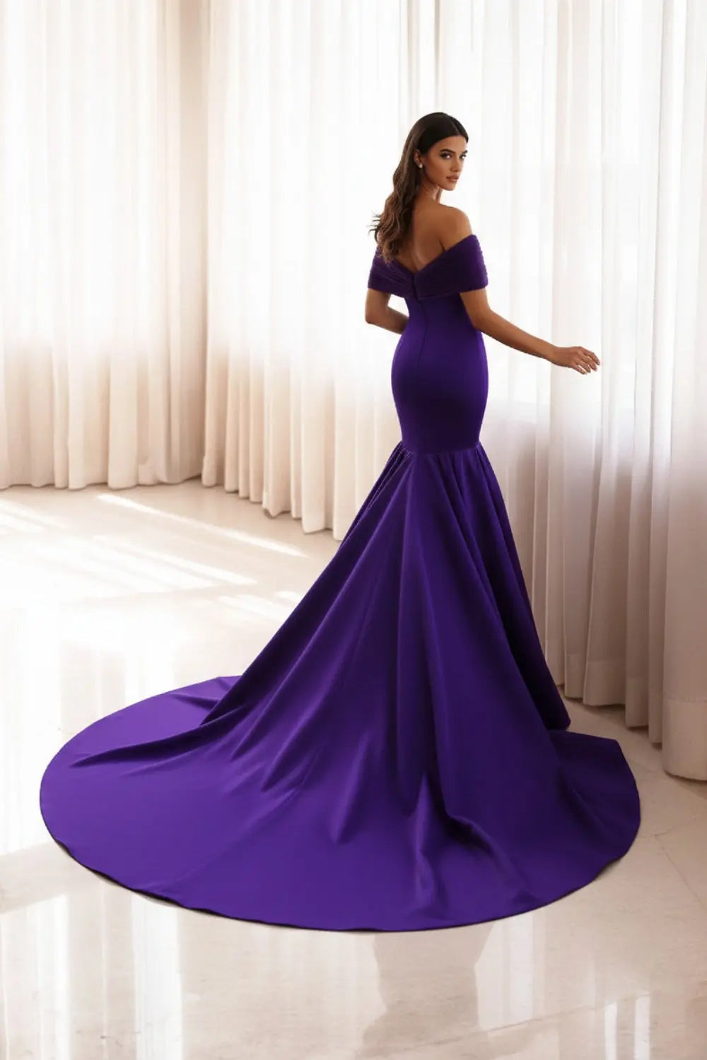 Royal Purple Satin Mermaid Off-the-Shoulder Evening Dress SF476 Sheer Fairy