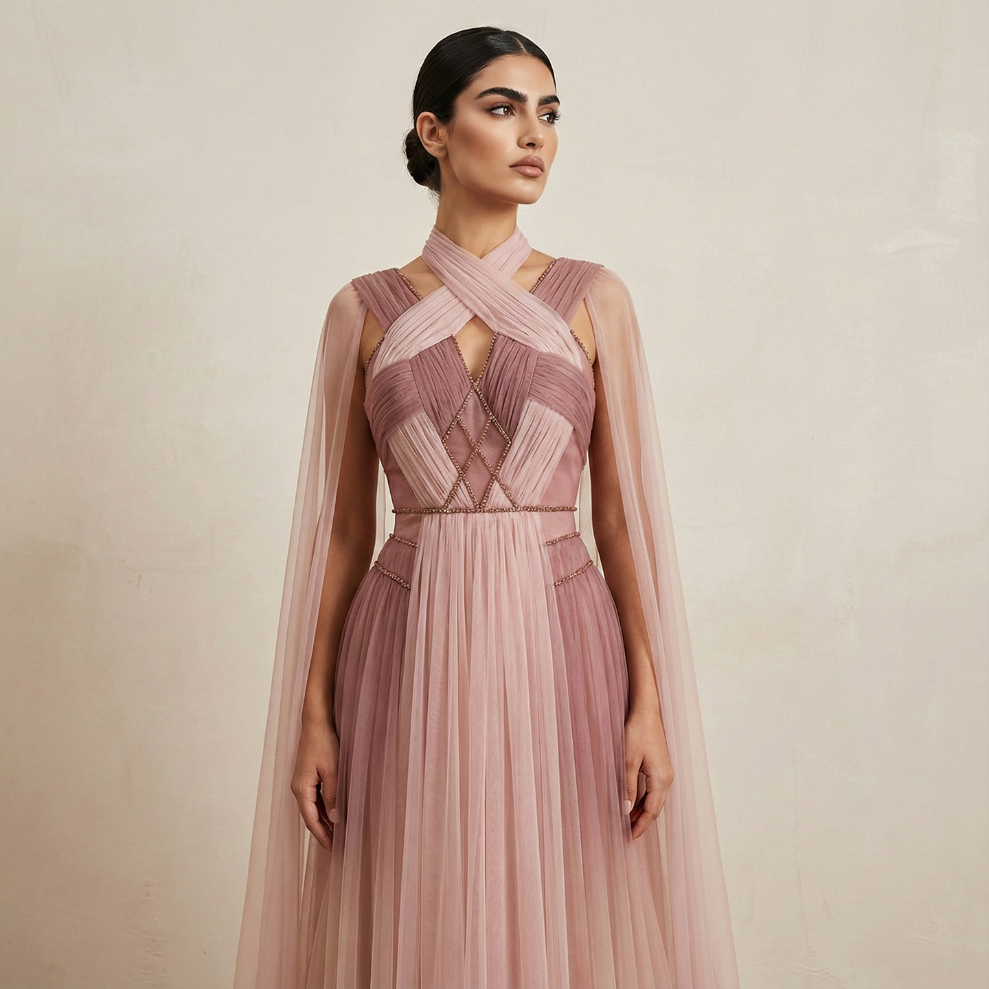 Ombre Pink Chiffon Long Evening Dress with Cape Sleeves SS309 Sheer Fairy