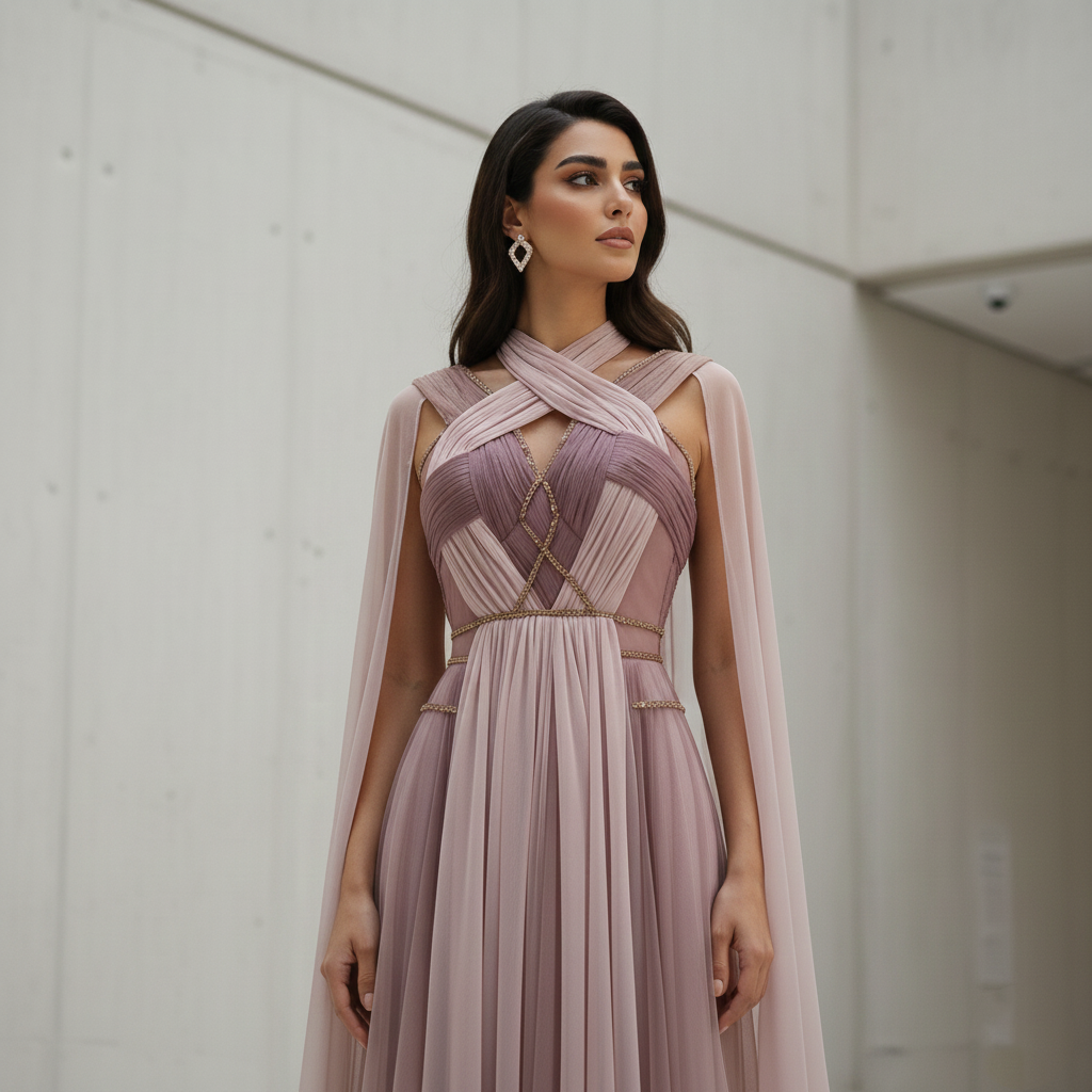 Ombre Pink Chiffon Long Evening Dress with Cape Sleeves SS309 Sheer Fairy