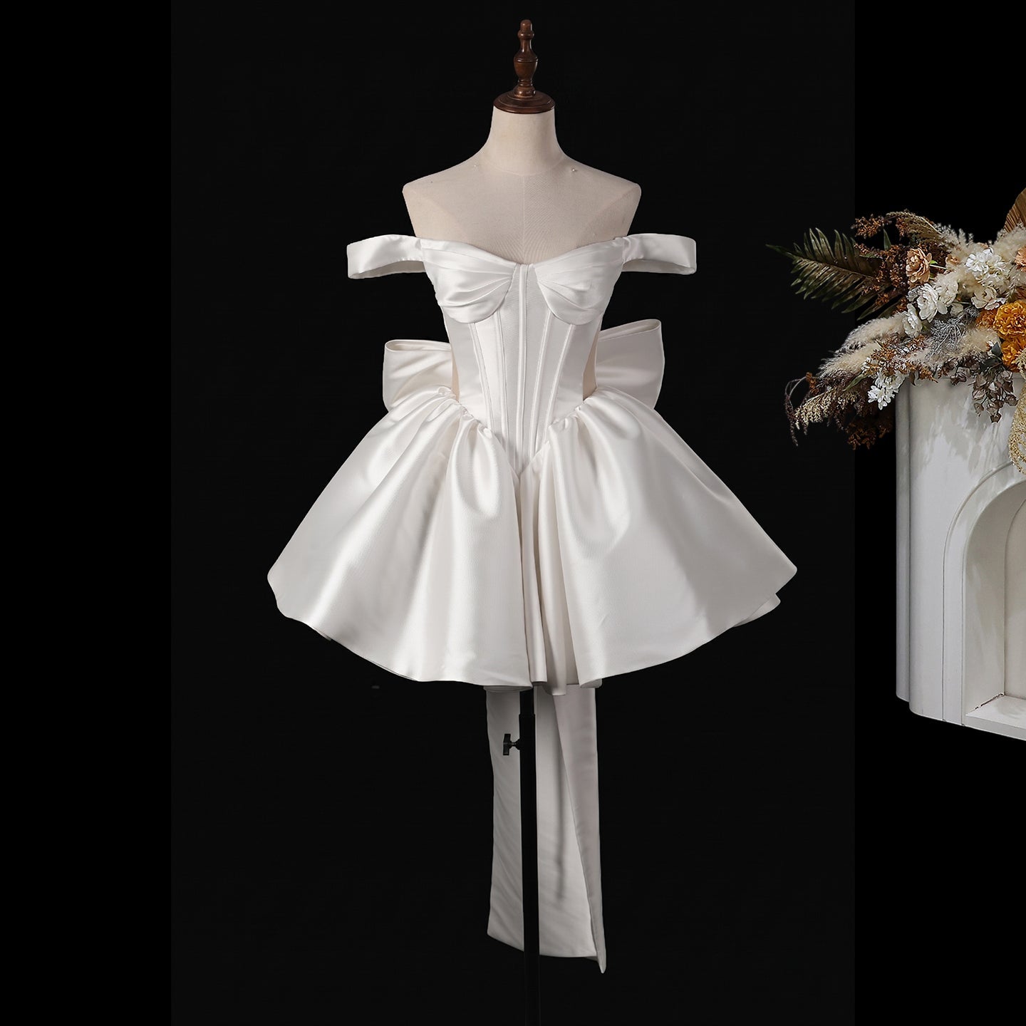 Dreamy White Satin Short Wedding Dress with Statement Bow SW720 Sheer Fairy